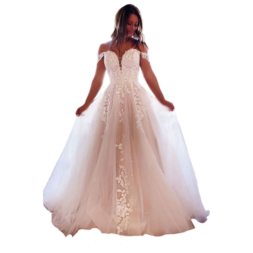 XYAYE Off Shoulder Lace Tulle Bridal Gown - Beaded Puffy Wedding Dress with Train for Bride | Perfect for Beach, Church, and Formal Wedding Ceremonies