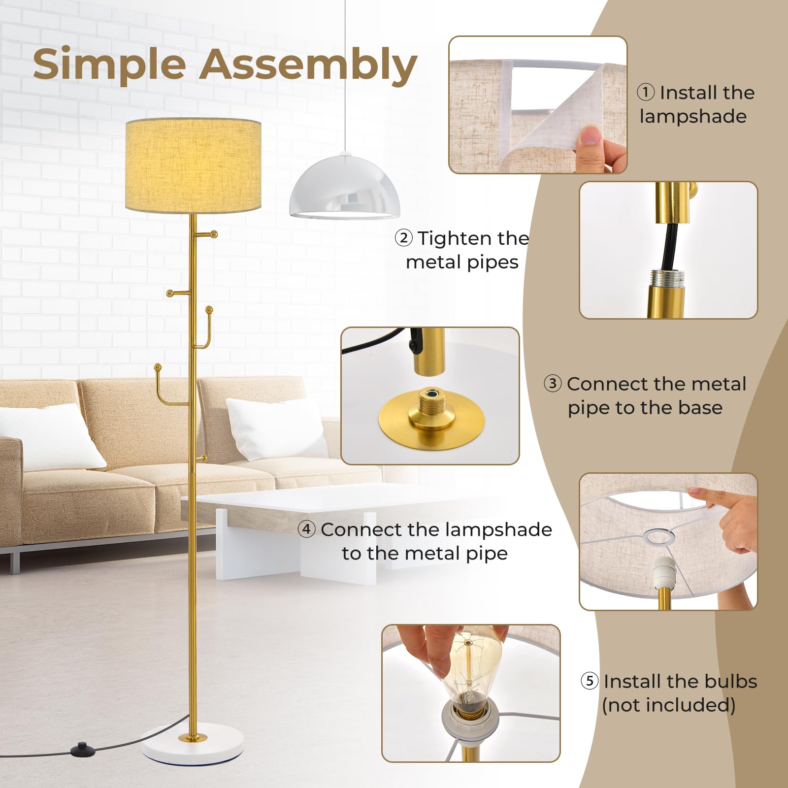 Tangkula Modern Floor Lamp with Coat Rack - 5 Hooks, Foot Switch & Weighted Base, Tall Standing Pole Light for Bedroom & Living Room (E26 Bulb Required) | Perfect for Entryway, Dorm, or Apartment Lighting