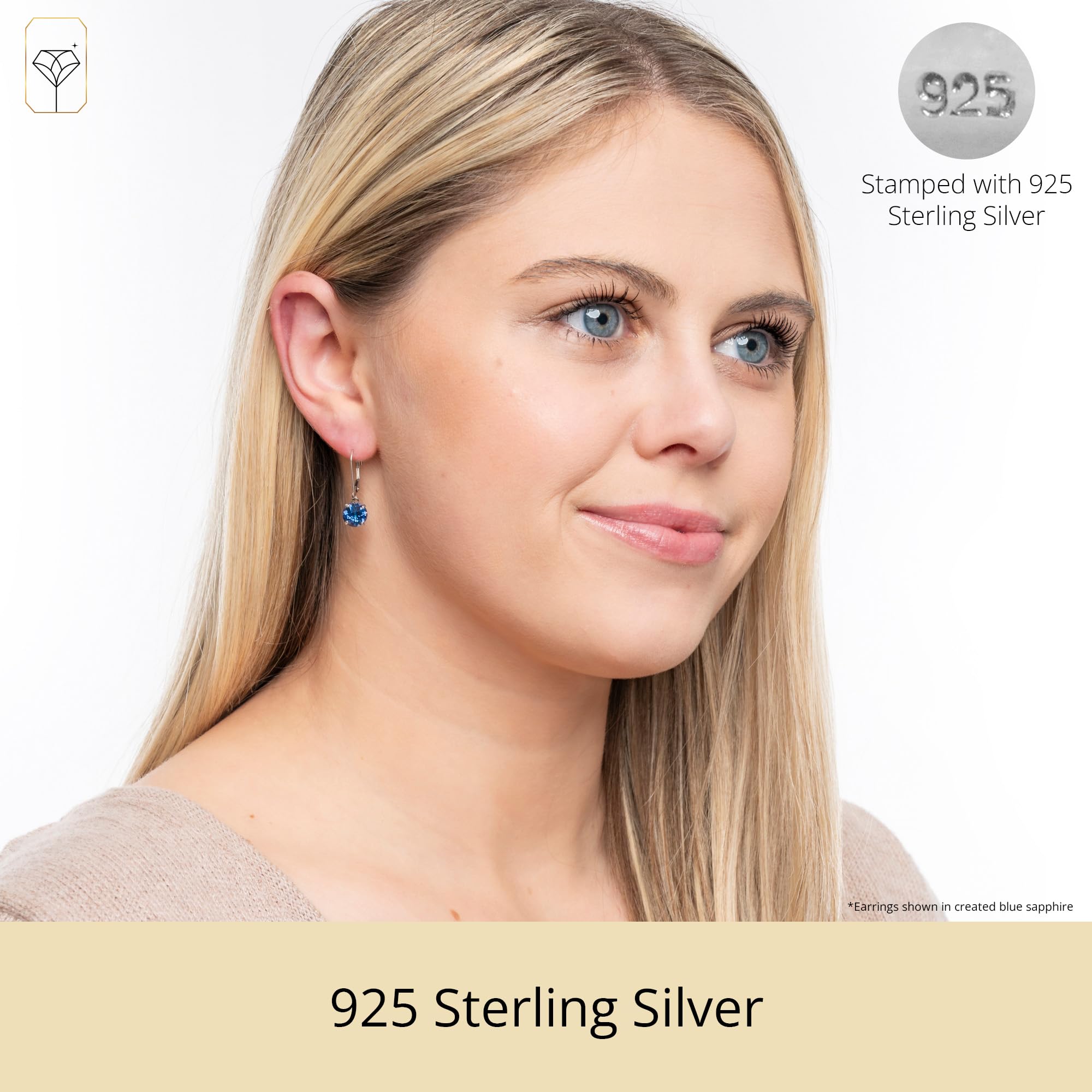 925 Sterling Silver 8mm Round Birthstone Stud Earrings for Women - Durable Leverback Closure - Perfect for Birthdays, Anniversaries & Everyday Wear (Month Gemstone Options Available)