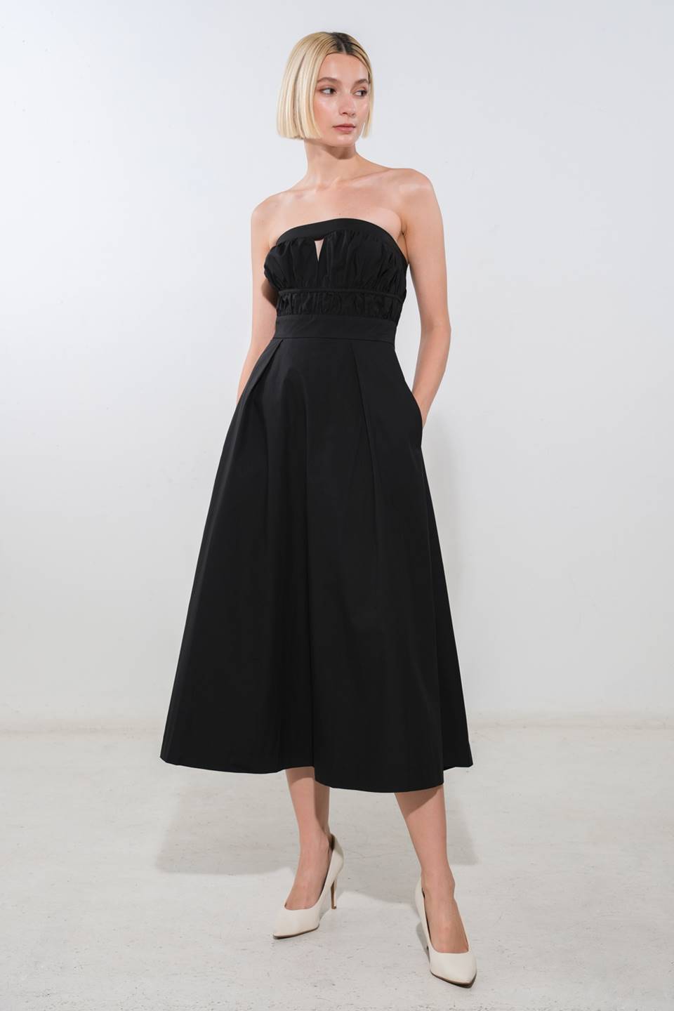 MYSTIC MUSE Strapless A-Line Midi Dress for Women - Elegant Formal Evening Gown for Wedding, Cocktail Party & Special Occasions