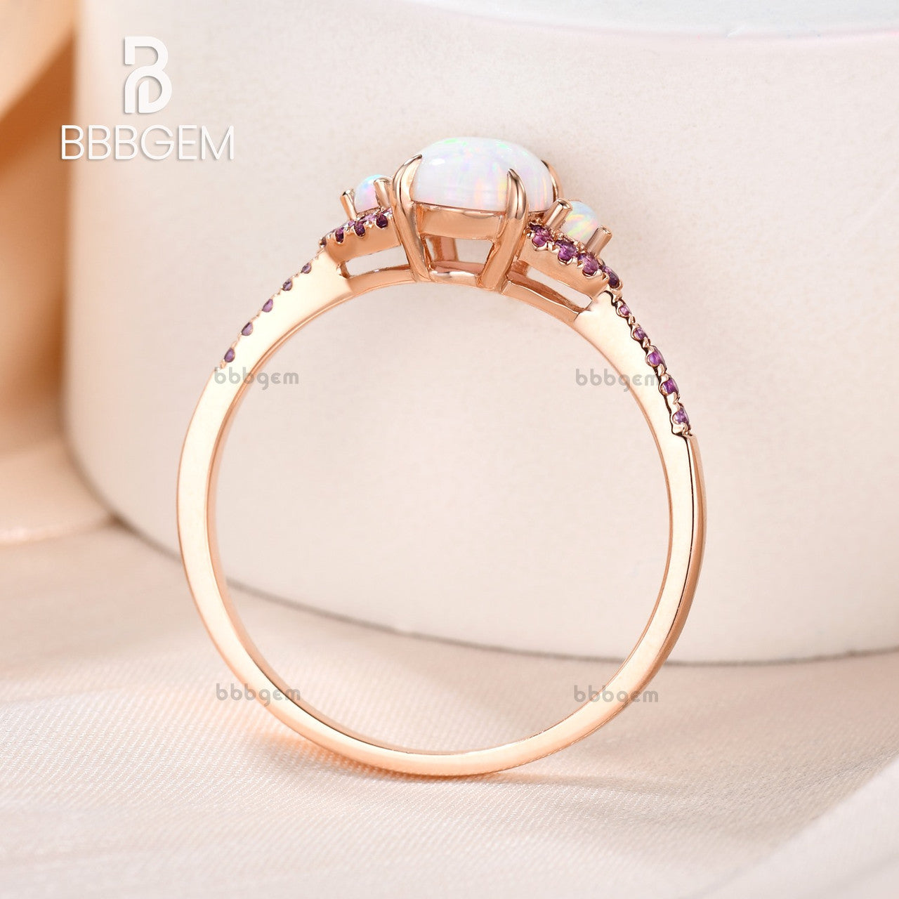 14K Oval Created Opal & Amethyst Halo Three-Stone Engagement Ring for Women | Vintage Inspired Wedding Band, Promise Ring, Anniversary Gift for Her