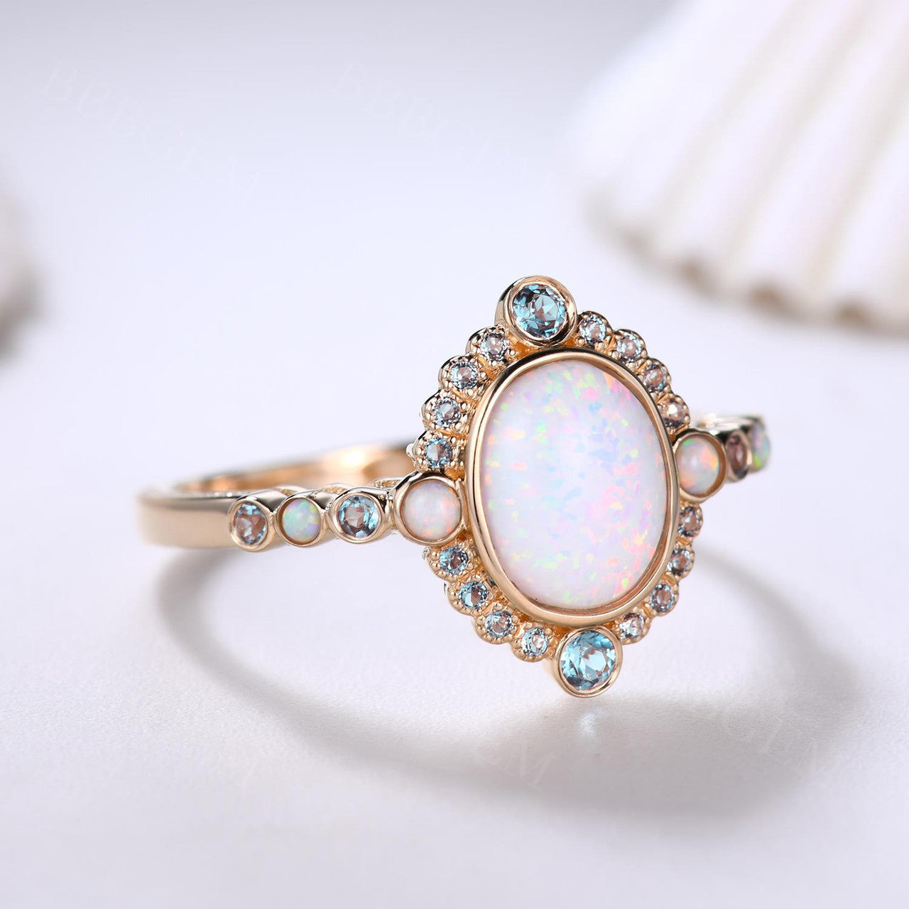 Exquisite Opal and London Blue Topaz Engagement Ring in Rose Gold - Perfect for Proposals, Anniversaries & Romantic Gifts