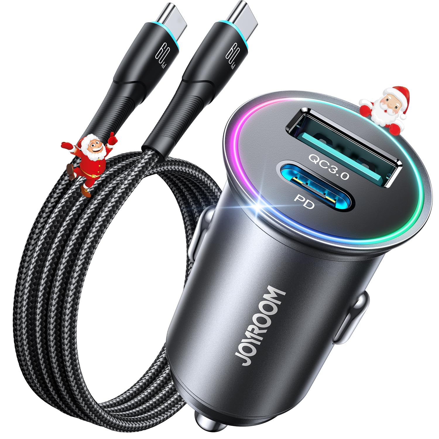 60W Fast Car Charger with Dual USB Ports & 40-inch Cable - Mini Cigarette Lighter Adapter for iPhone 16/15/14/13/12/11, Samsung S24/S23/S22 - Quick Charge for Road Trips & Daily Commute