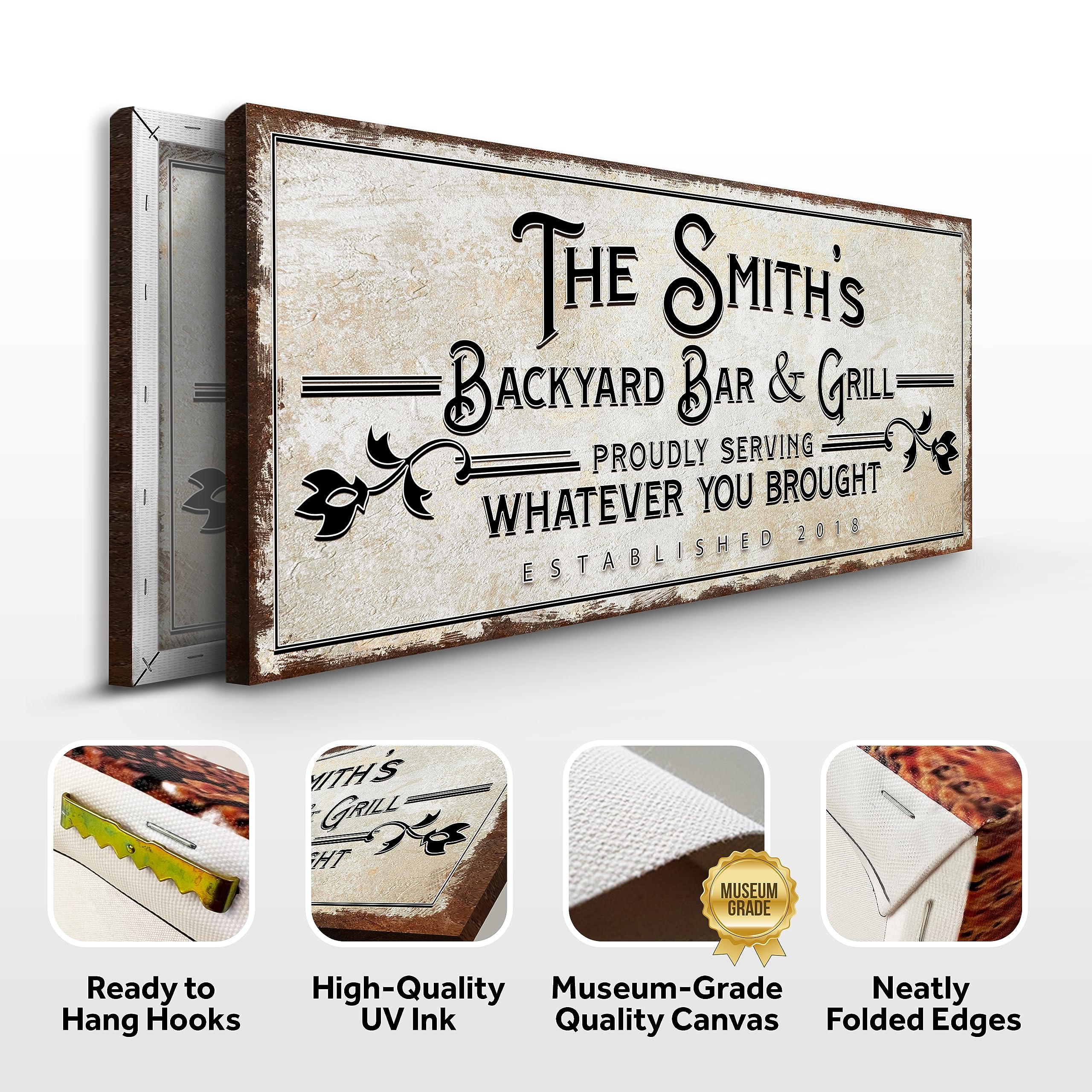 Custom Canvas Bar Sign - Personalized Backyard Bar & Grill Decor - Rustic Flower Wall Art 60x30in - Perfect for Man Cave, Kitchen, Pub & Diner - Great for Parties, Home Decor & Gifts