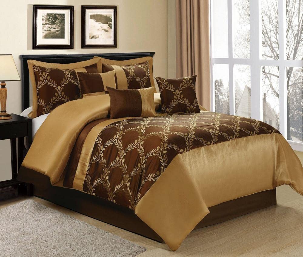 Luxury 7-Piece Queen Comforter Set - Chocolate & Gold Faux Silk Embroidered Bedding - Claremont Bed in a Bag with 1 Comforter, 2 Shams, 3 Decorative Pillows & 1 Bedskirt - Soft Shiny Finish for Master Bedroom, Guest Room or Hotel Decor