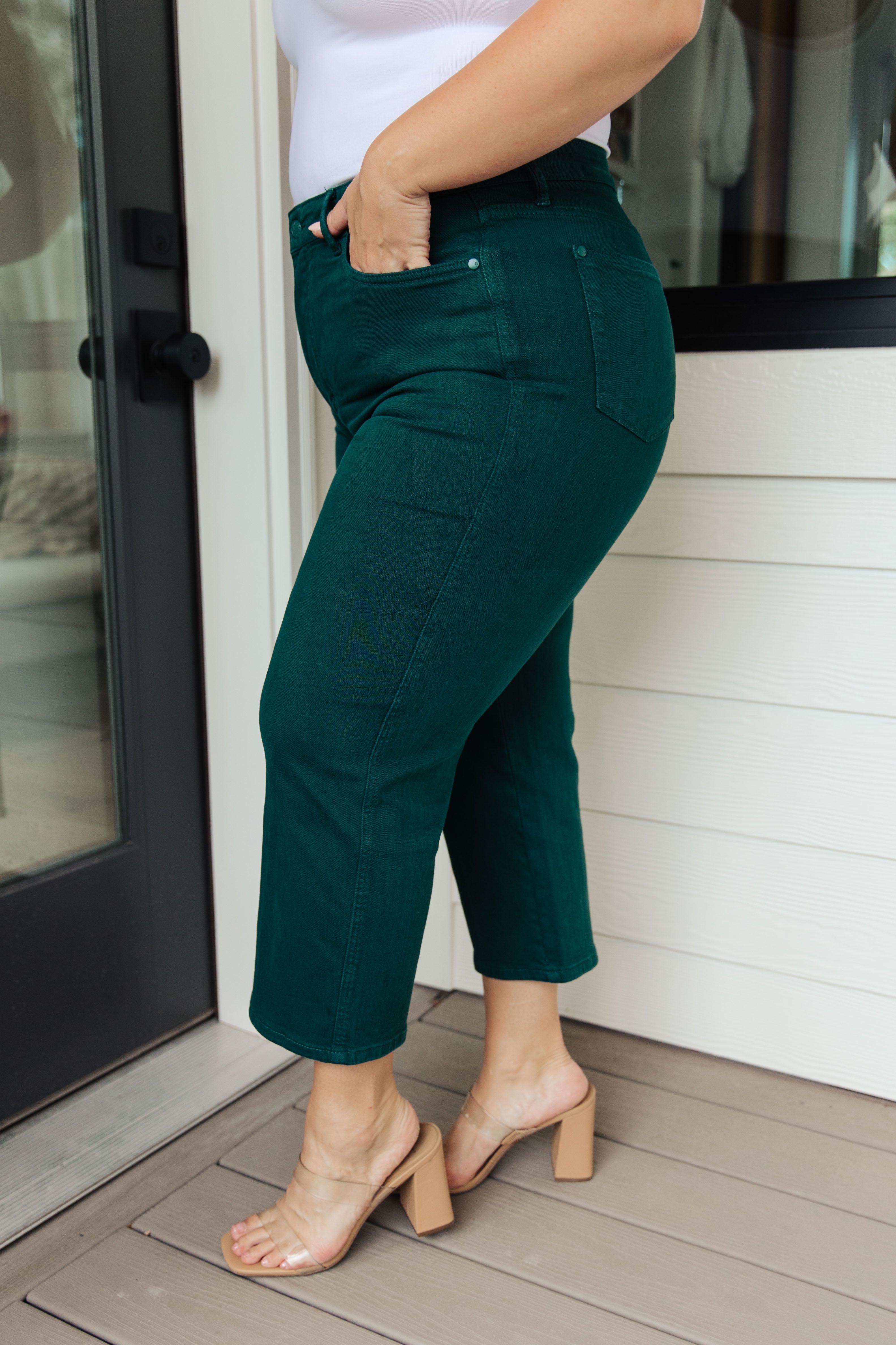 Briar High Rise Control Top Wide Leg Crop Jeans for Women - Teal Wash Denim Pants | Comfortable Stretch Jeans for Casual Wear & Everyday Outfits