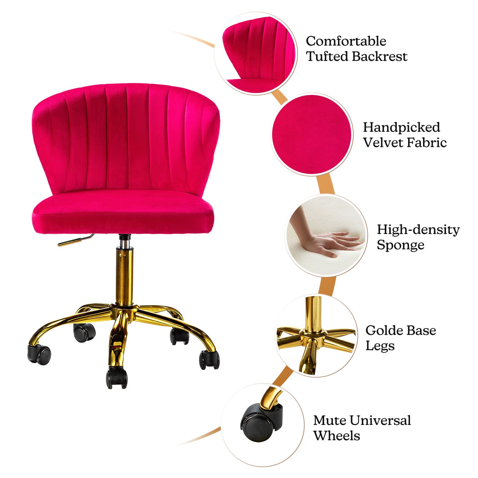 Modern Velvet Swivel Office Chair with Wheels & Gold Base - Adjustable Low Back Armless Task Chair for Home Office, Study, Living Room & Vanity - Comfortable Upholstered Rolling Chair in Fuchsia Pink (Perfect for Small Spaces & Cozy Workspaces)