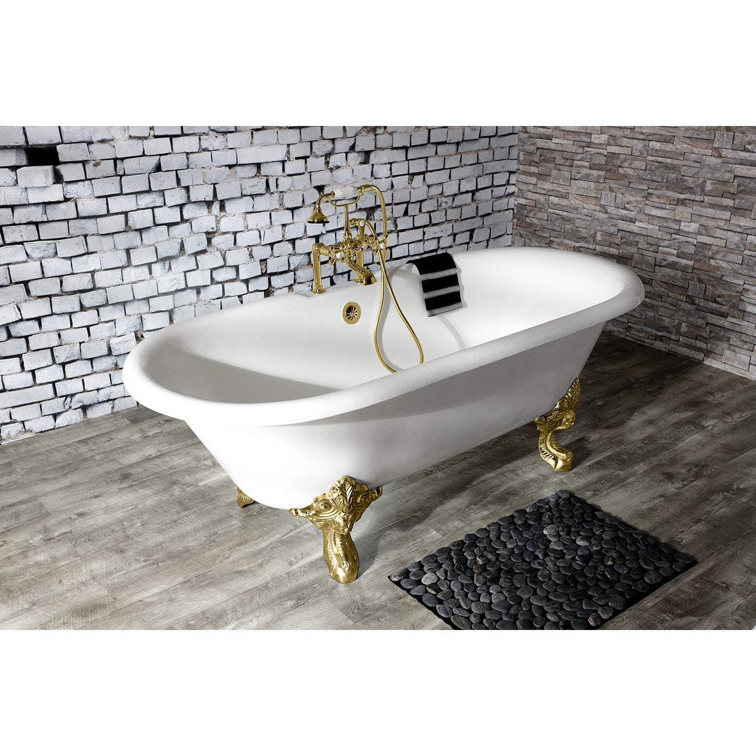 Aqua Eden 72 Inch White Cast Iron Clawfoot Bathtub with Polished Brass Feet - Double Ended Oval Freestanding Soaking Tub (7 Inch Faucet Drillings) for Vintage Bathroom & Luxury Spa Retreat