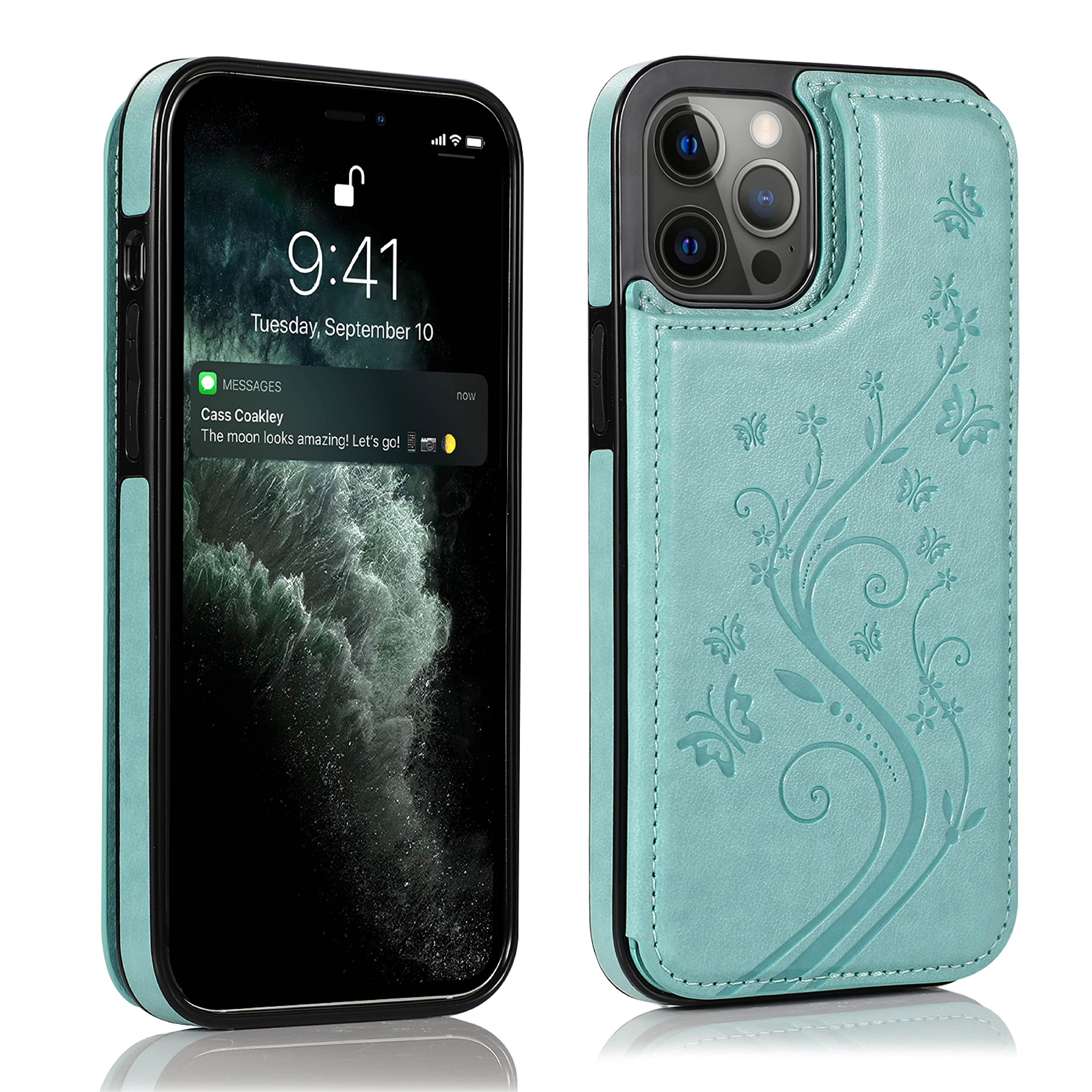 Premium Leather Wallet Case for iPhone 11 Pro Max - Slim Magnetic Lock Card Holder with Embossed Butterfly Design (Green) | Perfect for Women's Everyday Use, Travel & Business Meetings