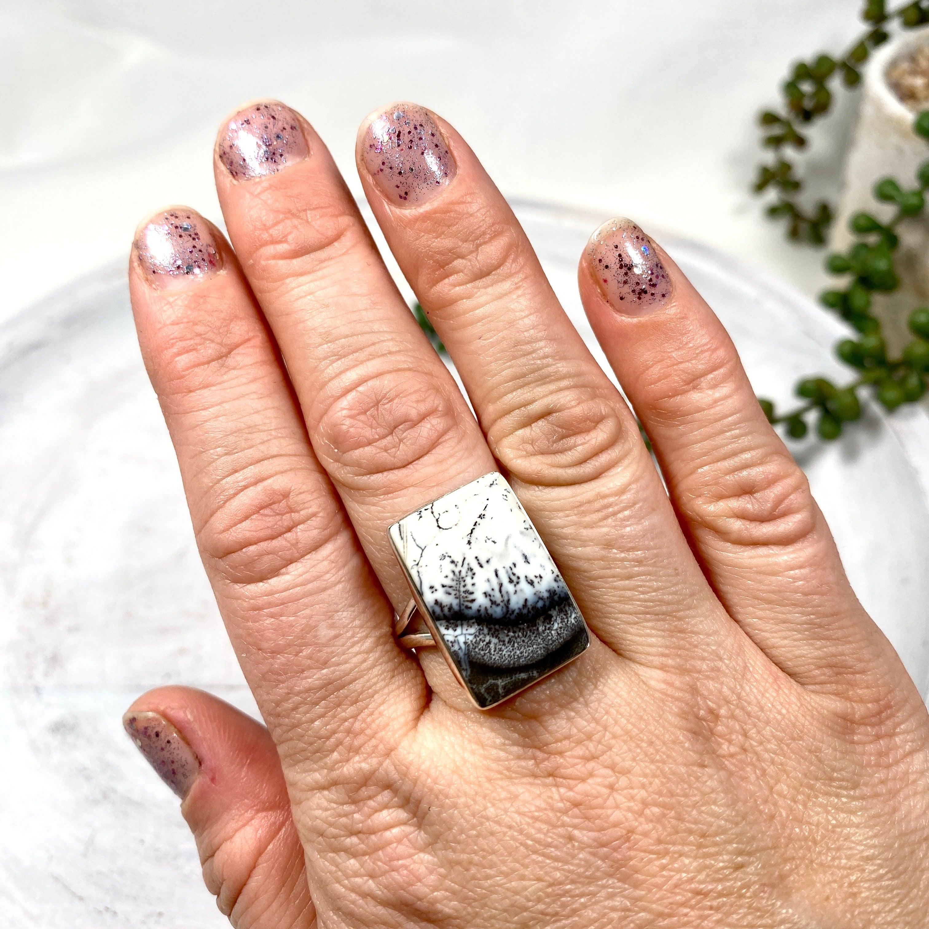 Dendritic Opal Rectangular Ring for Women - Size 10 - KRGJ2294 - Elegant Silver Jewelry for Everyday Wear, Special Occasions & Gift Giving