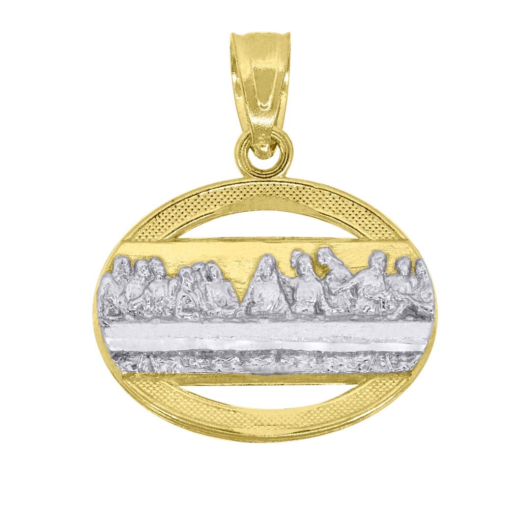 10K Two-Tone Gold Religious Charm Pendant Necklace - Last Supper Design for Men & Women, 19x15.70mm Textured Jewelry - Perfect Gift for Christmas, Baptism & Faith-Based Occasions