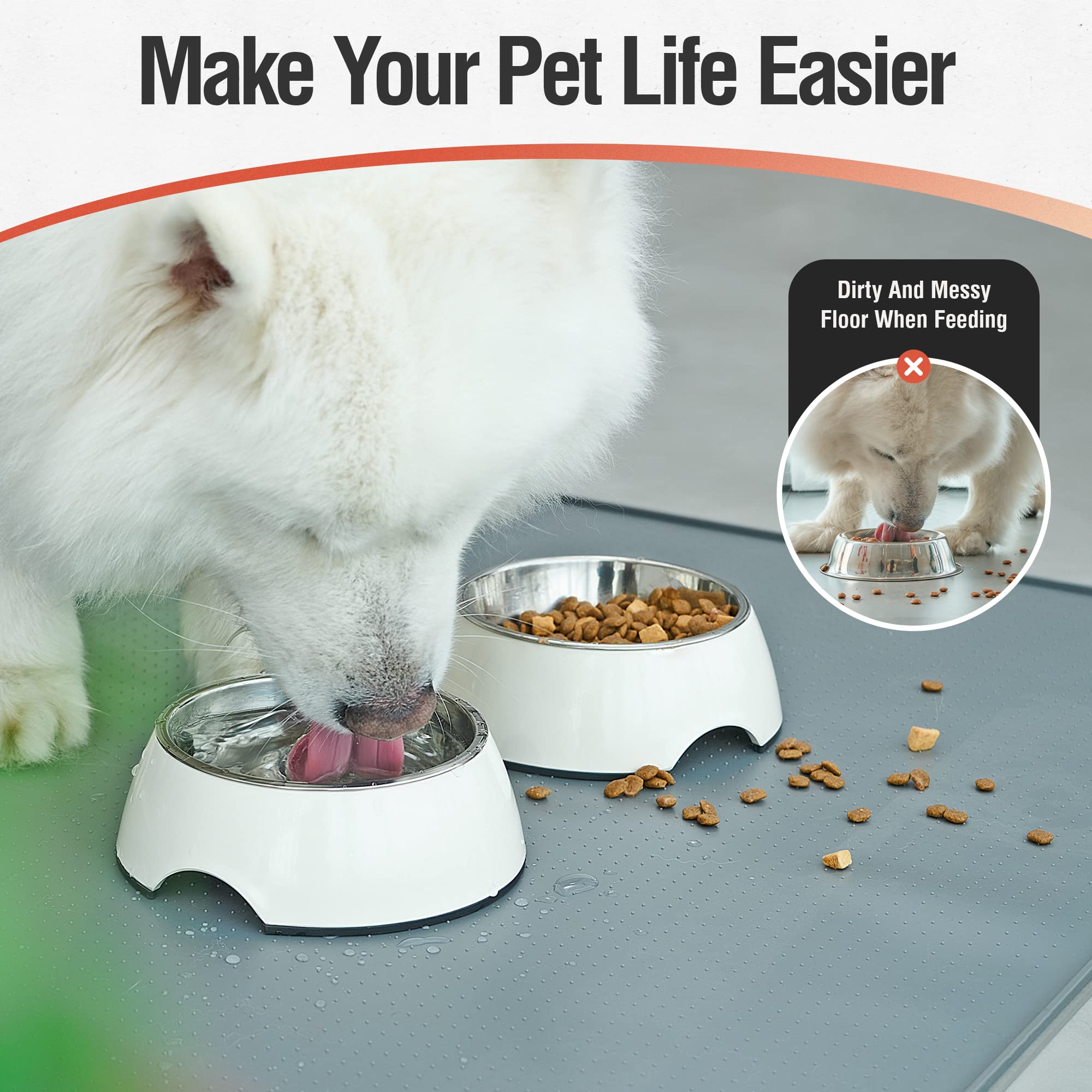 Non-Slip Silicone Pet Food Mat for Dogs & Cats - 48x30cm Waterproof Bowl Mat with Raised Edge to Prevent Spills - Dishwasher Safe & Easy Clean (Gray) - Perfect for Kitchen, Dining Area & Outdoor Use