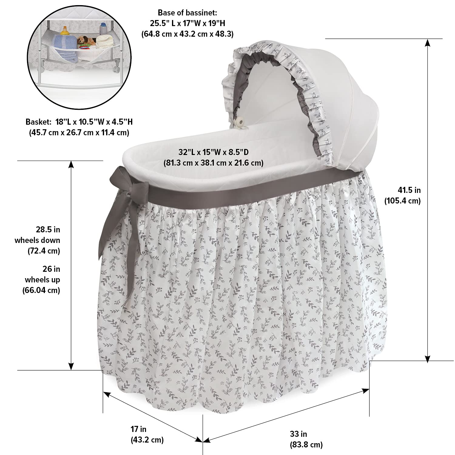 Badger Basket Wishes Rocking Baby Bassinet - Heirloom Quality Bedside Sleeper with Soft Bedding, Comfortable Pad & Storage Basket - Gray/Leaf Design - Perfect for Nursery, Bedroom & Travel Use
