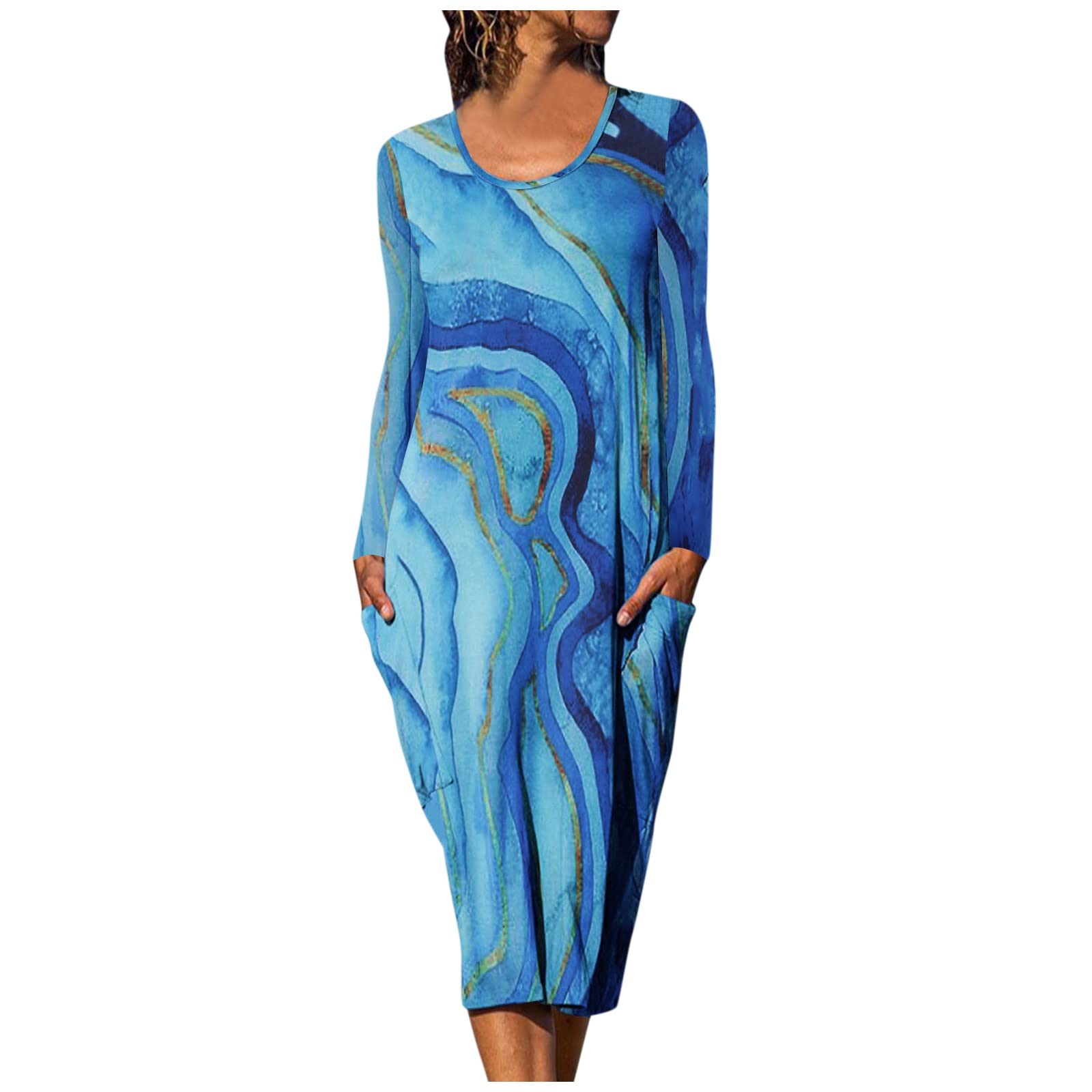 Elegant Women's Fall Wedding Guest Dress - Autumn & Winter Floral Print Round Neck Long Sleeve Dress with Pockets | Perfect for Weddings, Parties, Holidays & Special Occasions