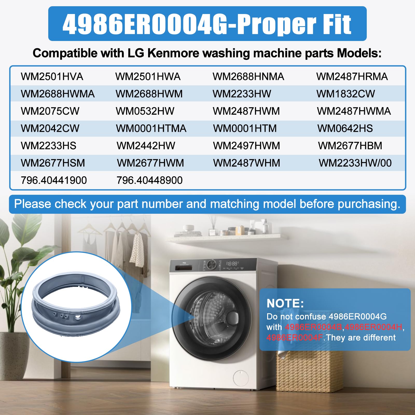 Upgraded 4986ER0004G Washer Door Gasket with Drain Port - Compatible with LG Front Load Washer Models WM2501HWA, WM2501HVA, WM2487HRM, WM2688HWMA - Replacement Rubber Seal for Washing Machine Door Boot - Perfect for Laundry Room & Home Appliance Repair