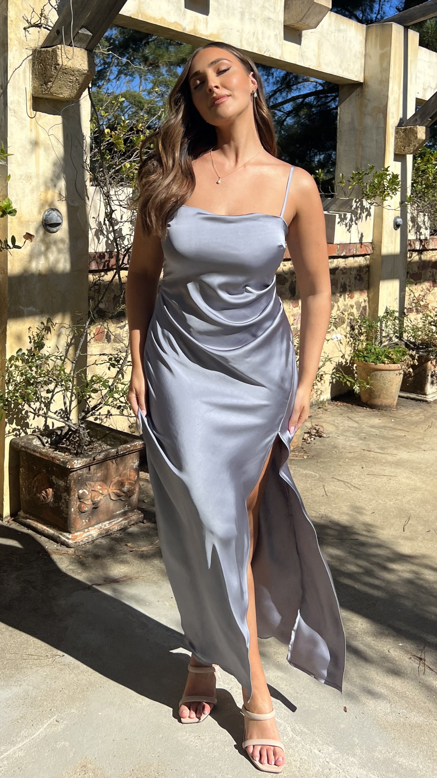 Ilana Maxi Dress - Steel Blue Flowy Long Dress for Women | Elegant Summer Beach Wedding Party Wear | Perfect for Vacations, Date Nights & Special Occasions