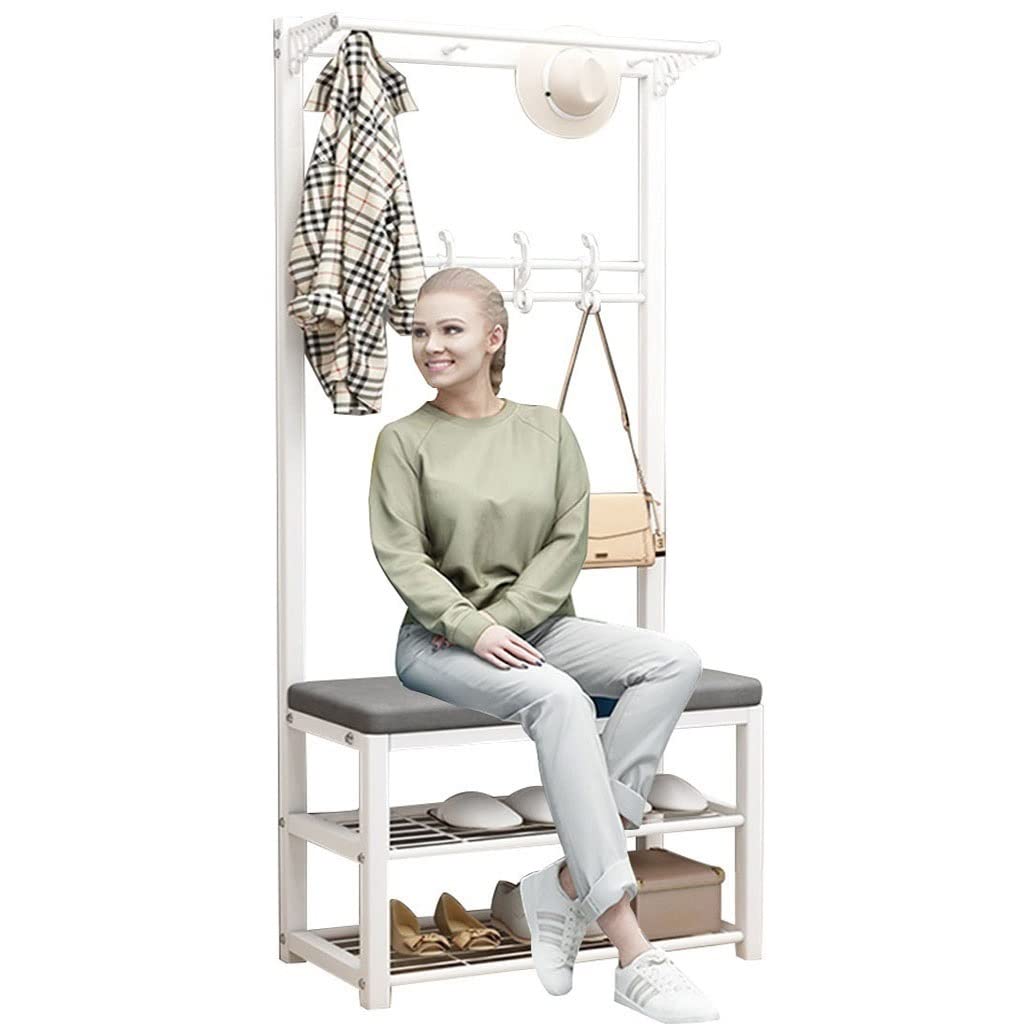 3-in-1 Entryway Organizer - Coat Rack Shoe Bench with Seat Cushion, 9 Hooks & Hanging Bars, Sturdy Metal Frame for Hallway, Bedroom or Home Office | Perfect for Small Space Organization & Shoe Storage