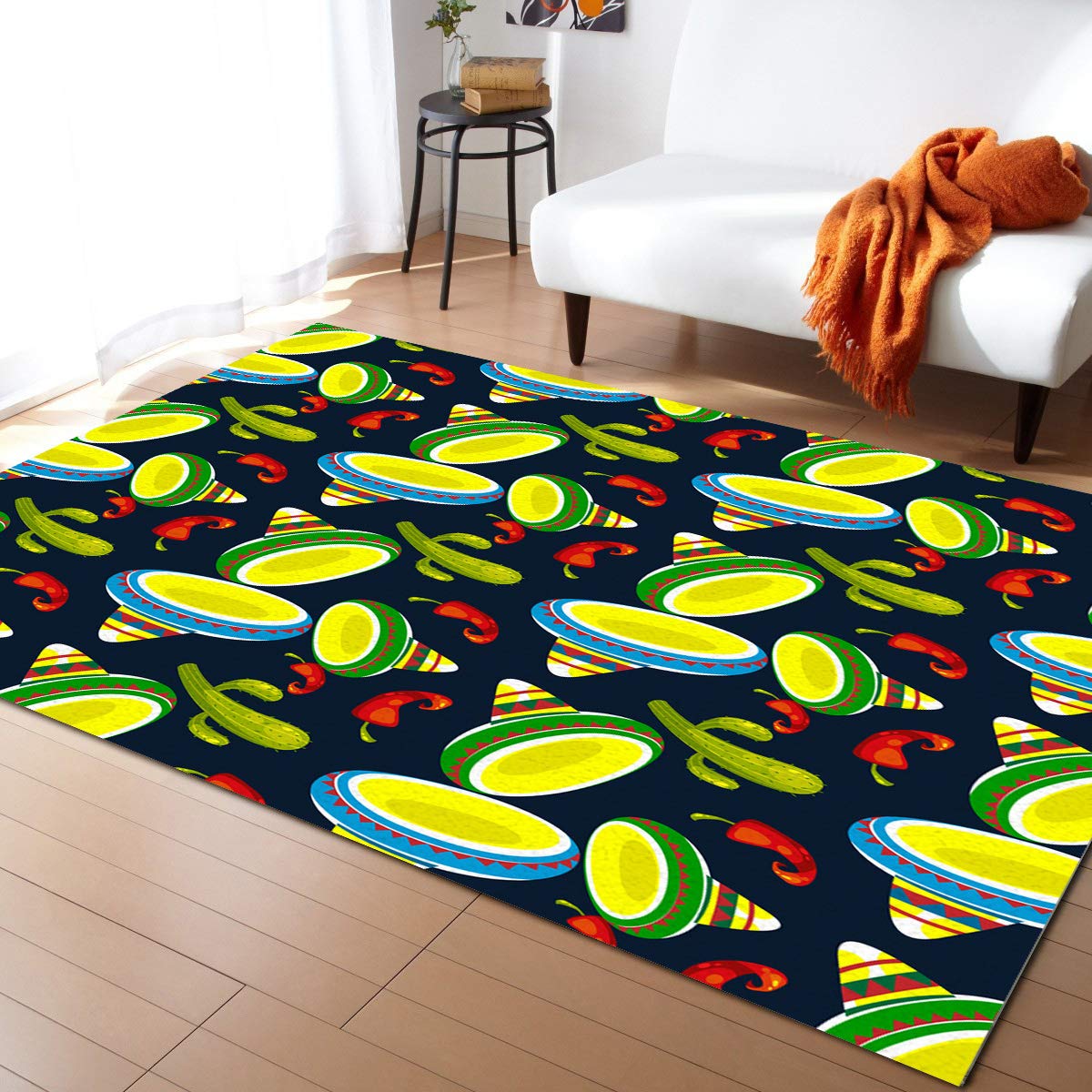 Mexico Straw Hats Chilis and Cactus Design 5'x7' Area Rug - Washable Indoor Outdoor Carpet for Living Room, Bedroom, Kitchen, Bathroom, Office, Classroom - Perfect for Home Decor, Kids & Teens Room
