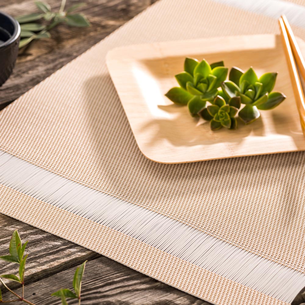 Artisan Stripe Cream Vinyl Woven Placemat Set - 16