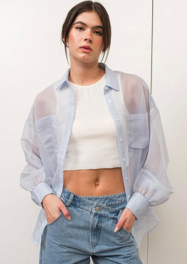 Sheer Striped Button Up Shirt for Women - Lightweight Summer Blouse with Long Sleeves - Perfect for Office, Casual Outfits and Beach Cover-Up