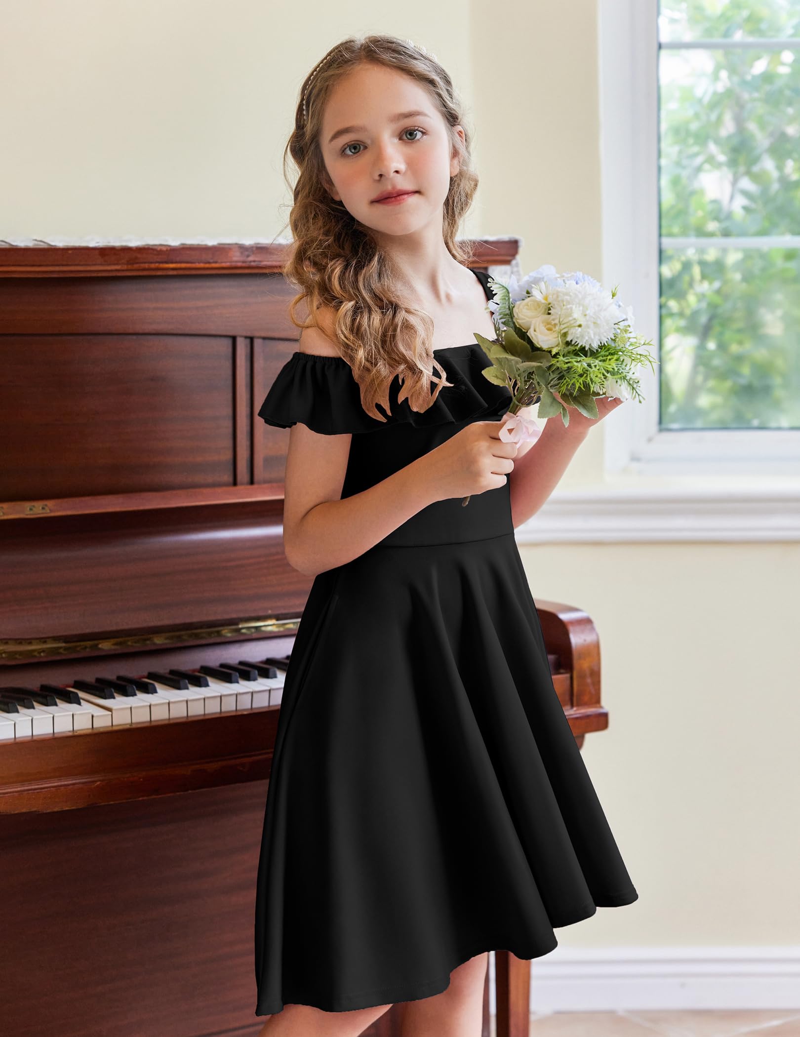 Arshiner Girls Summer Dress - Off Shoulder Flutter Sleeve Midi Swing Dress with Pockets | Casual & Formal Wear for Kids | Perfect for Beach, Party & Everyday Outfits