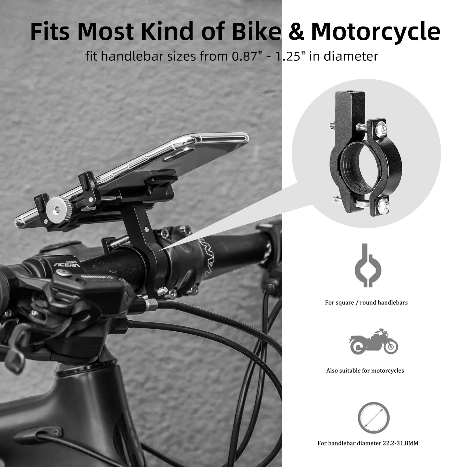 ROCKBROS 360° Rotatable Aluminum Bike Phone Mount - Universal Handlebar Holder for iPhone, Android Smartphones - Perfect for Cycling, Motorcycling & E-Bike Rides (Waterproof & Shockproof Design)