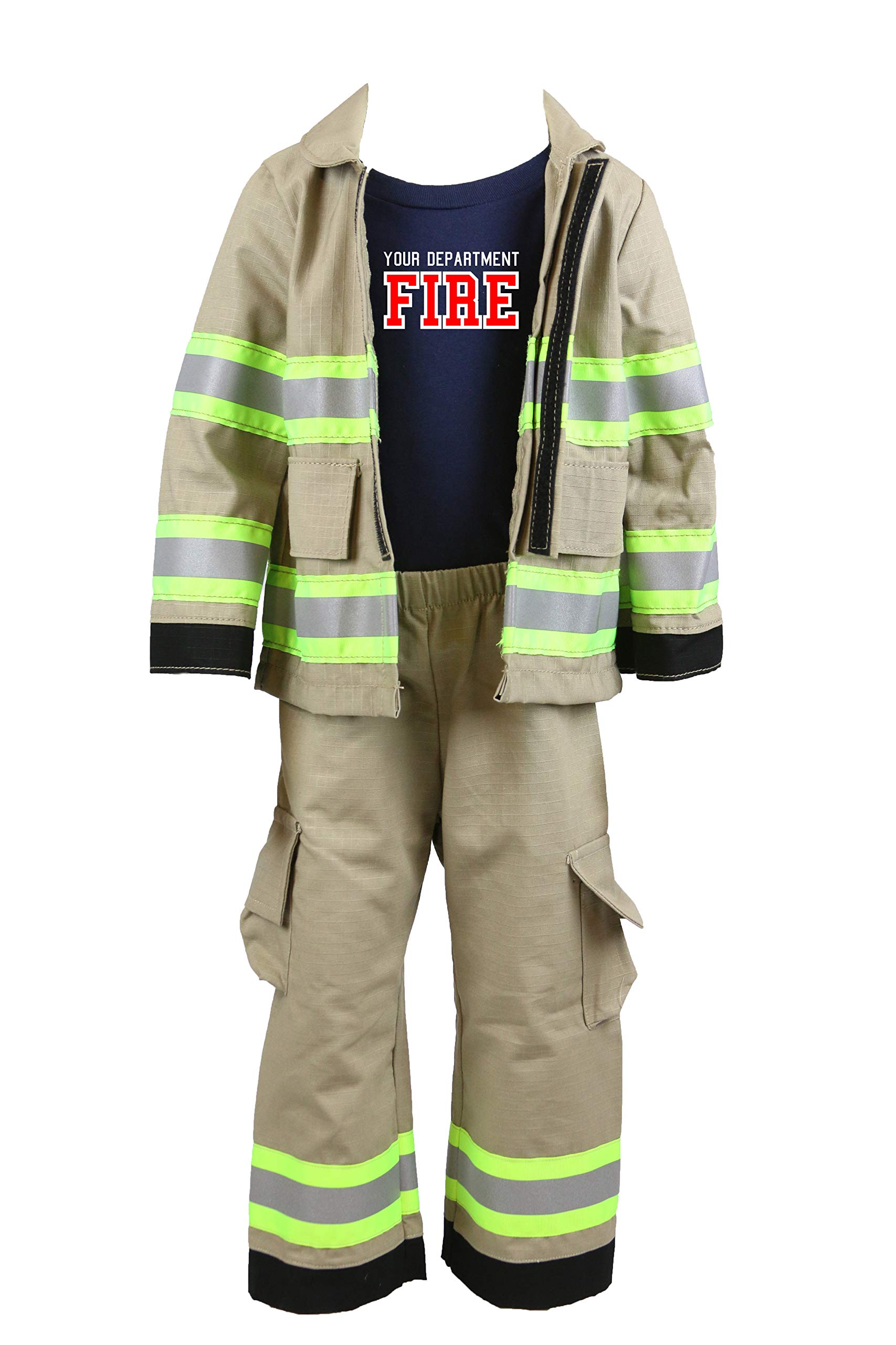 Personalized Firefighter 3-Piece Toddler Outfit Set - Tan Uniform for Kids Dress Up & Role Play Costume - Perfect for Halloween, Birthday Parties & Pretend Play
