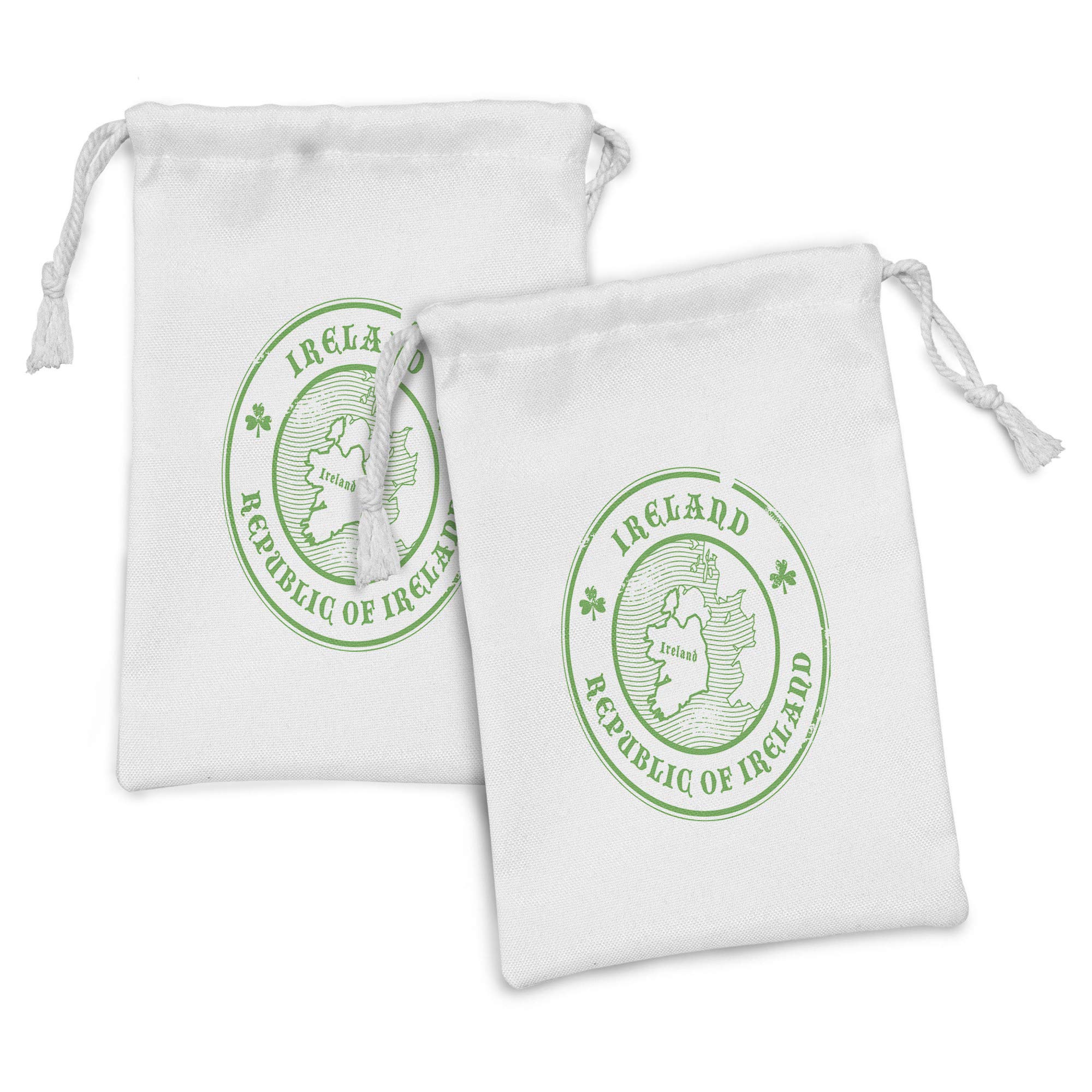 Ambesonne Ireland Map Fabric Pouch Set of 2 - Green & White Grunge Style Drawstring Bags (9