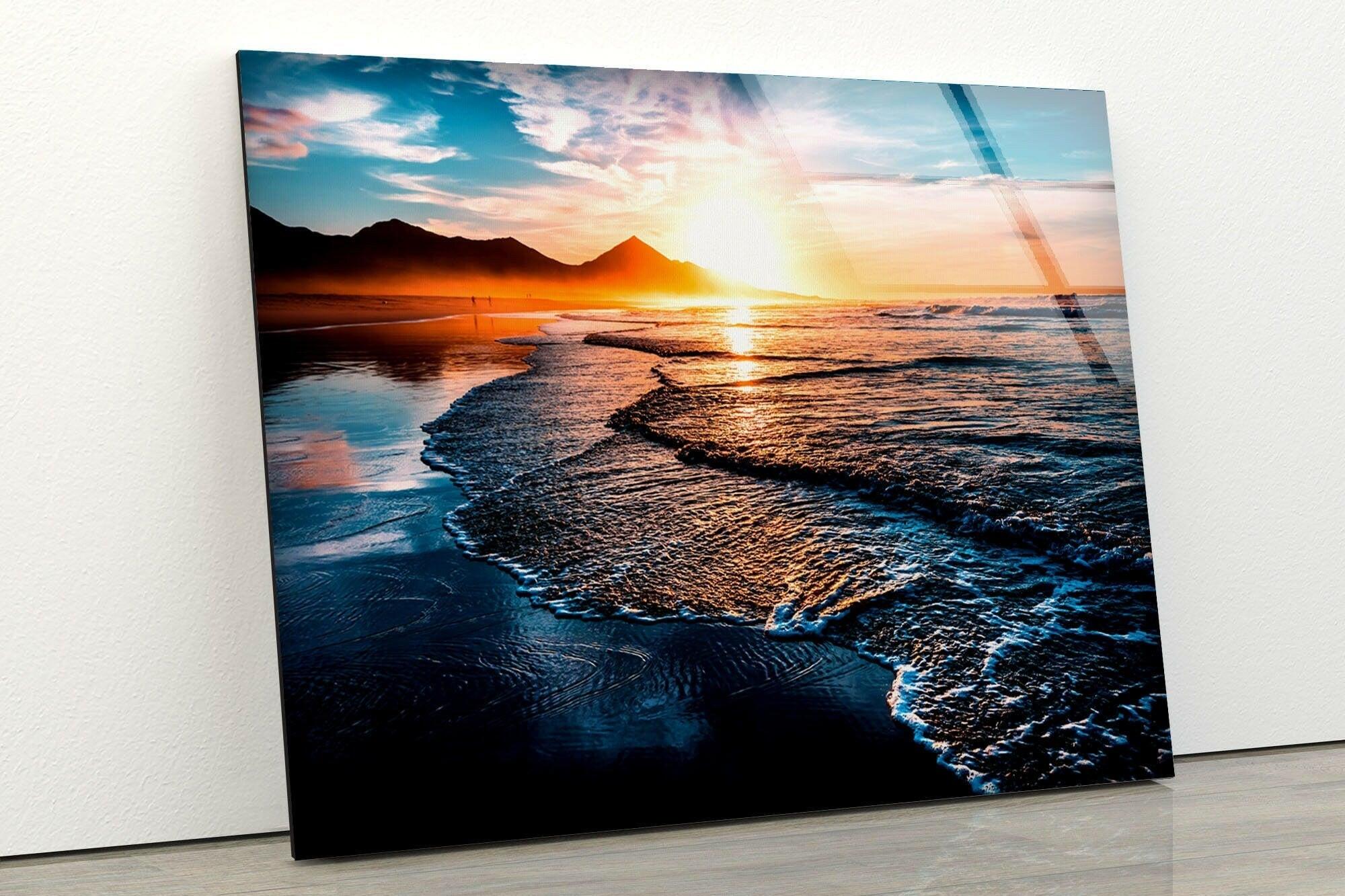 Sunset Beach & Ocean Waves Glass Wall Art - Coastal Home Decor for Living Room, Bedroom, or Office