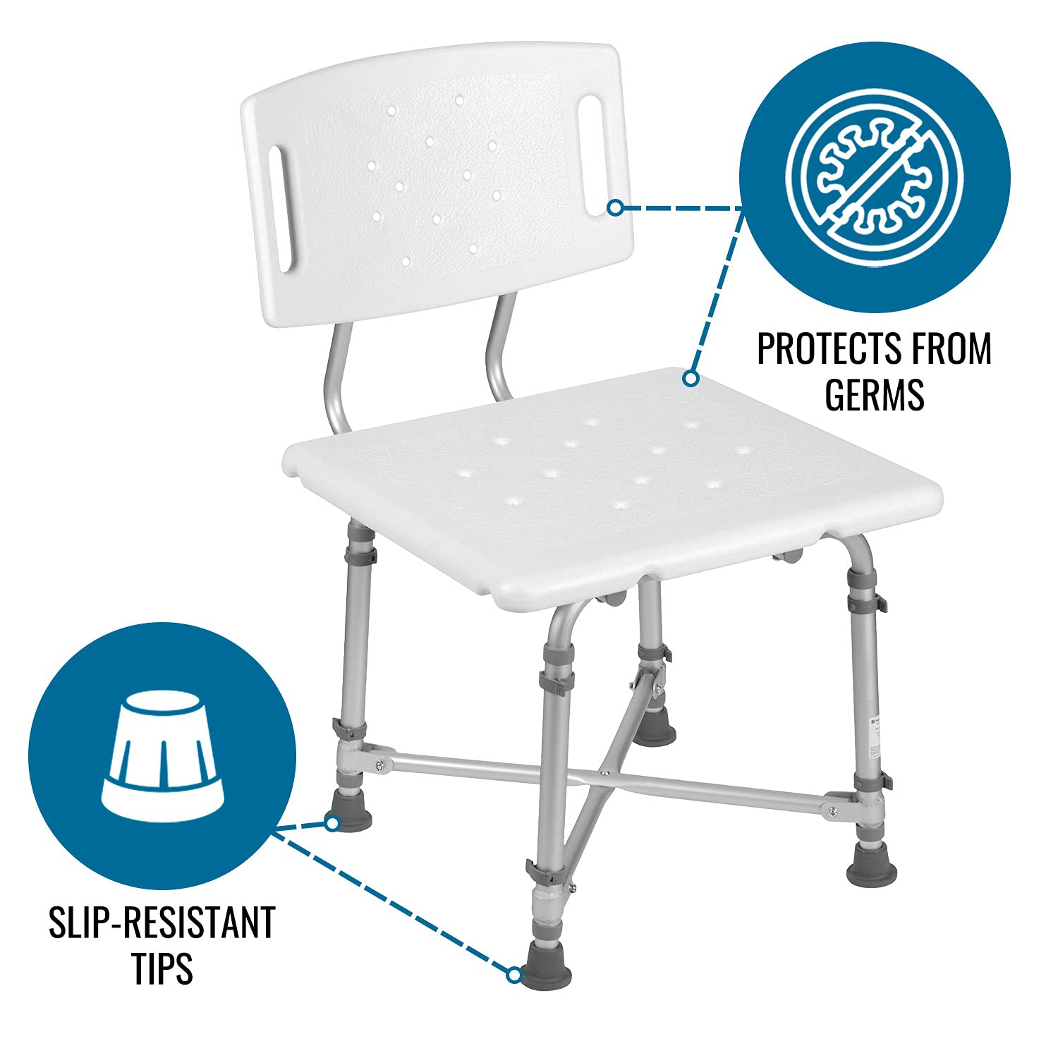 DMI Adjustable Height Shower Chair for Elderly & Disabled - 500lb Weight Capacity Aluminum Bath Seat with Plastic Seat for Tub or Shower - FSA/HSA Eligible White Bath Bench (Perfect for Seniors, Post-Surgery Recovery & Safe Bathing)