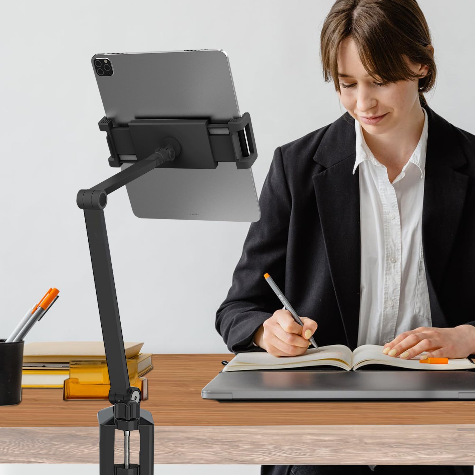 NueZoo Adjustable Aluminum iPad Stand Holder - 360° Swivel Long Arm Tablet Clamp Mount for Desk & Bed - Compatible with 4.5-13 inch Phones & Tablets (Black) - Perfect for Office Work, Reading, Watching Videos & Hands-Free Video Calls