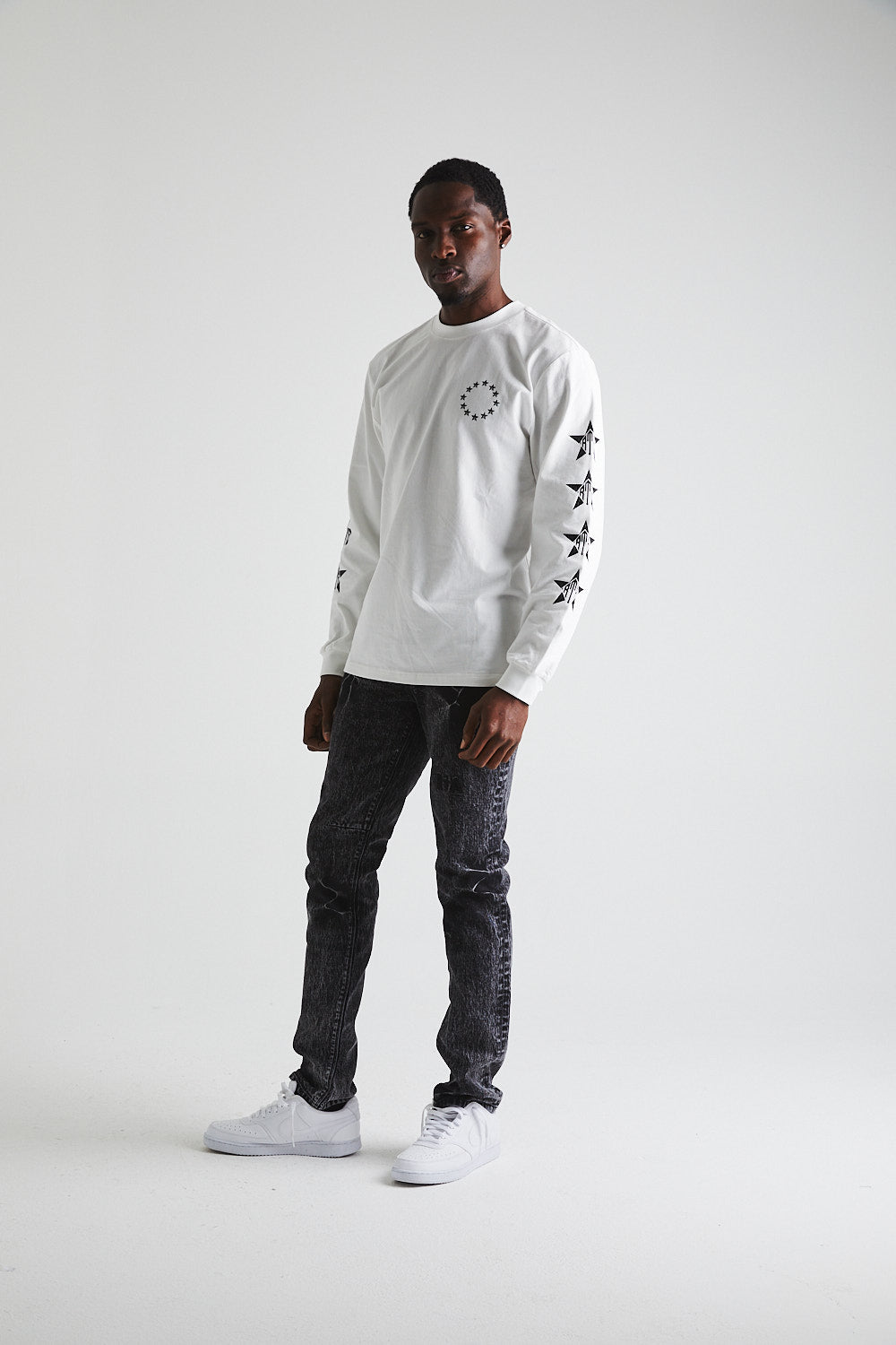 LAWRENCE Long Sleeve T-Shirt for Men - Soft Cotton Crewneck Tee in White & Black Cherry Print | Casual Wear, Street Style, Everyday Outfit
