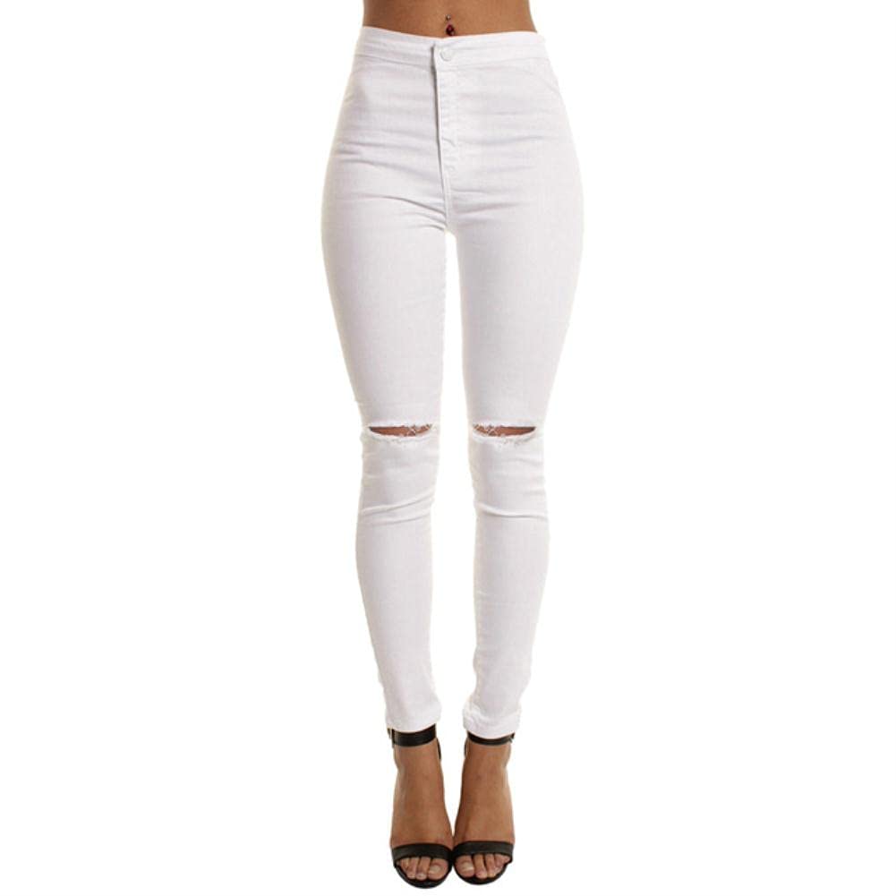 Women's High Waist Stretch Jeans Leggings - Skinny Fit Elastic Denim Pants with Zipper Details & Distressed Holes - Casual Slim Solid White Trousers for Daily Wear | Perfect for Work, Date Night & Weekend Outfits
