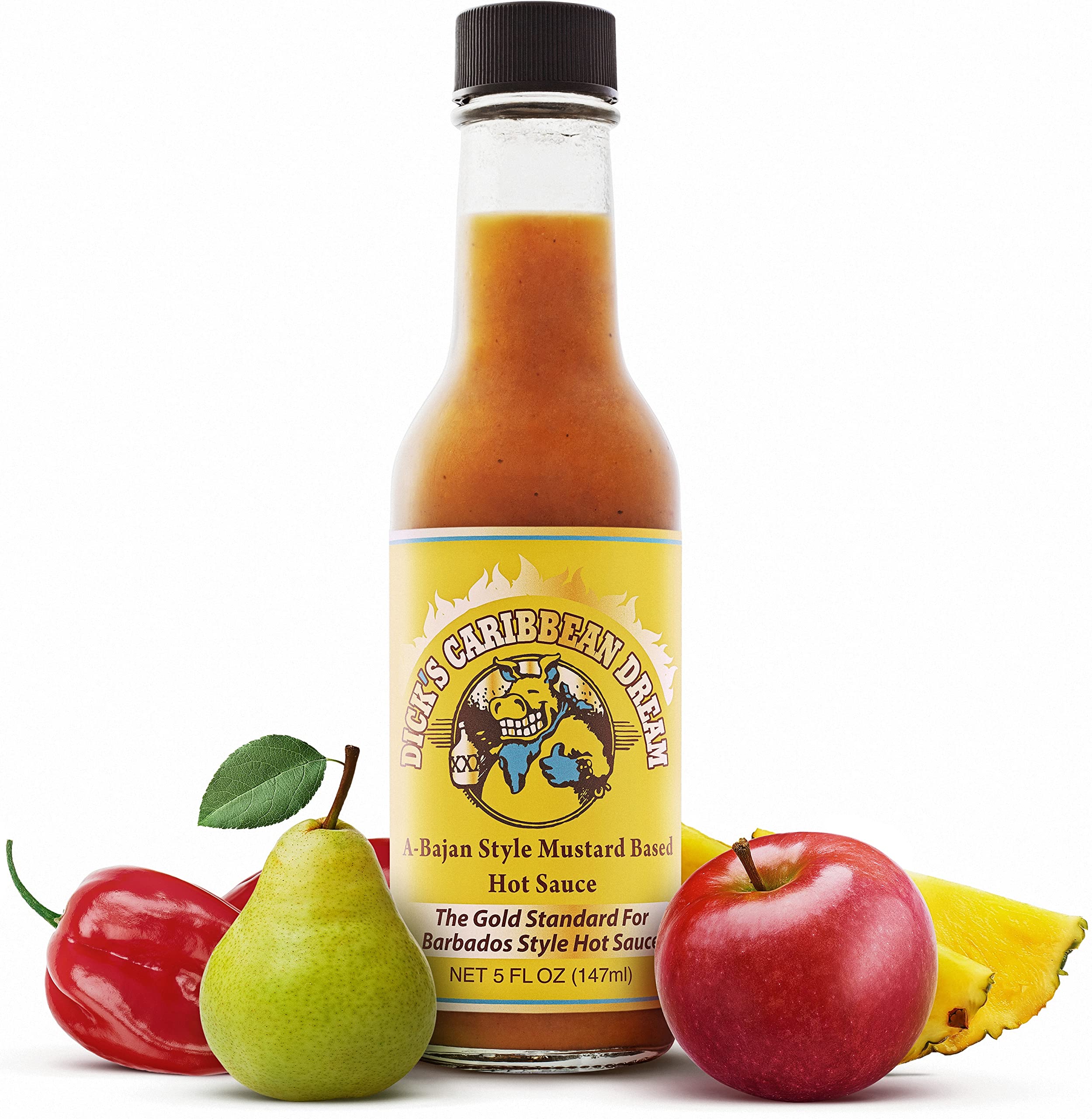 Dirty Dicks Caribbean Dream Hot Sauce 5oz - Barbados Mustard-Based Hot Sauce with Fresh Fruit & Spices - Perfect for Grilling, BBQ & Seafood Dishes - Pack of 1