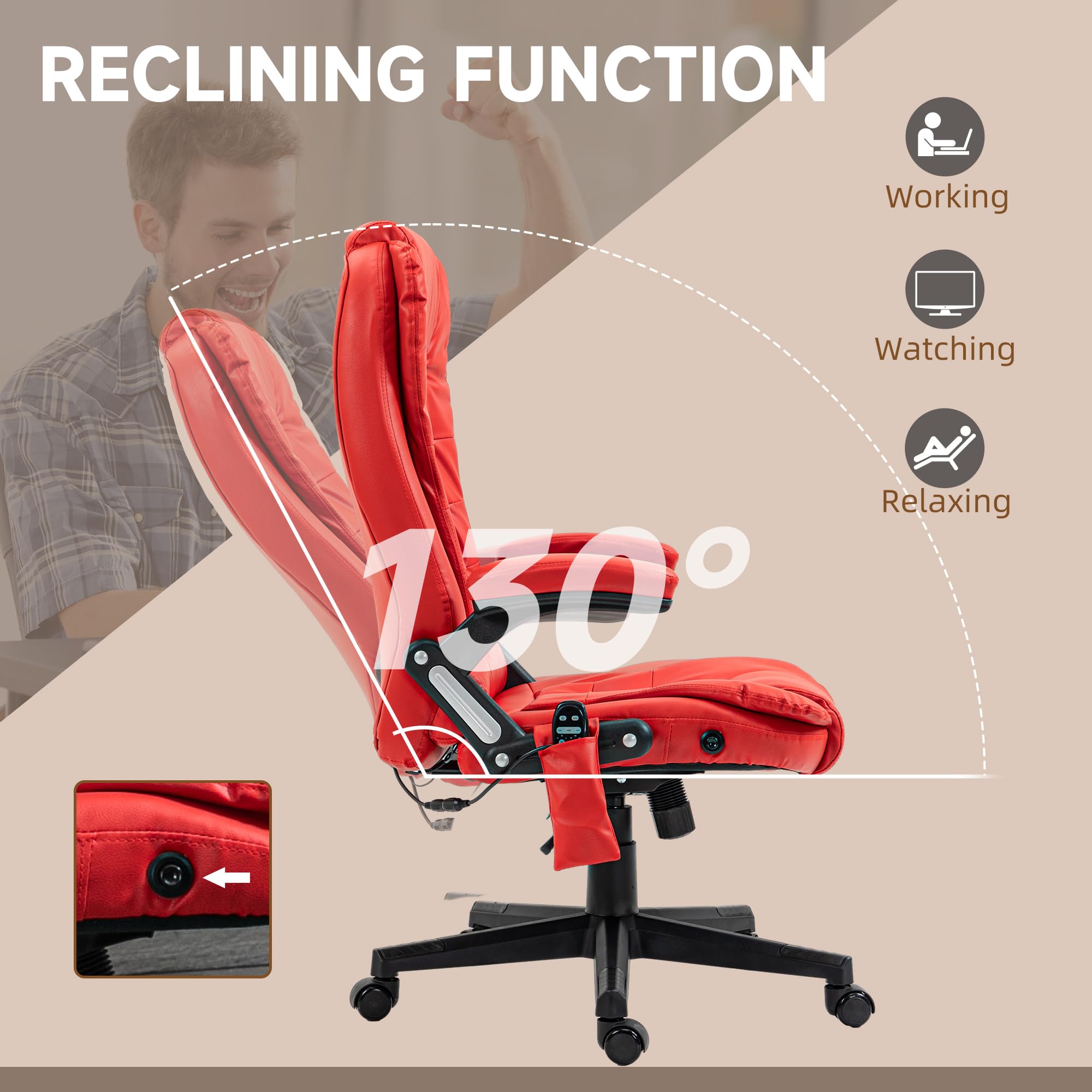 HOMCOM High Back Vibration Massage Office Chair with 6 Vibration Points & Heating - PU Leather Reclining Computer Chair with Adjustable Armrests & Remote Control (Red) - Perfect for Home Office, Gaming & Relaxation