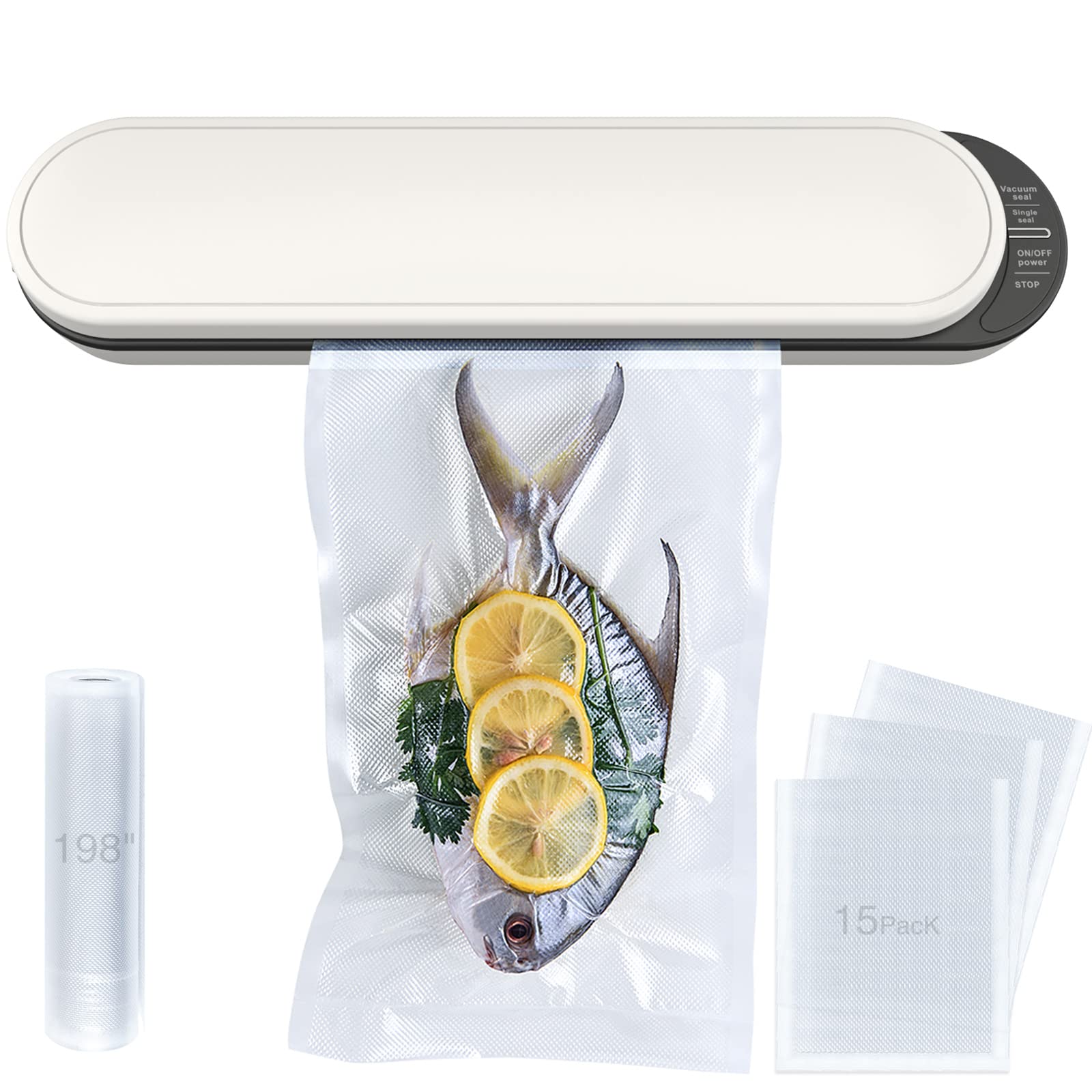 Best Cordless Vacuum Sealer Machine for Food Preservation | Automatic Air Sealing System with Suction Hose & 15 Vacuum Bags (White) | Perfect for Meal Prep, Sous Vide & Extending Food Freshness