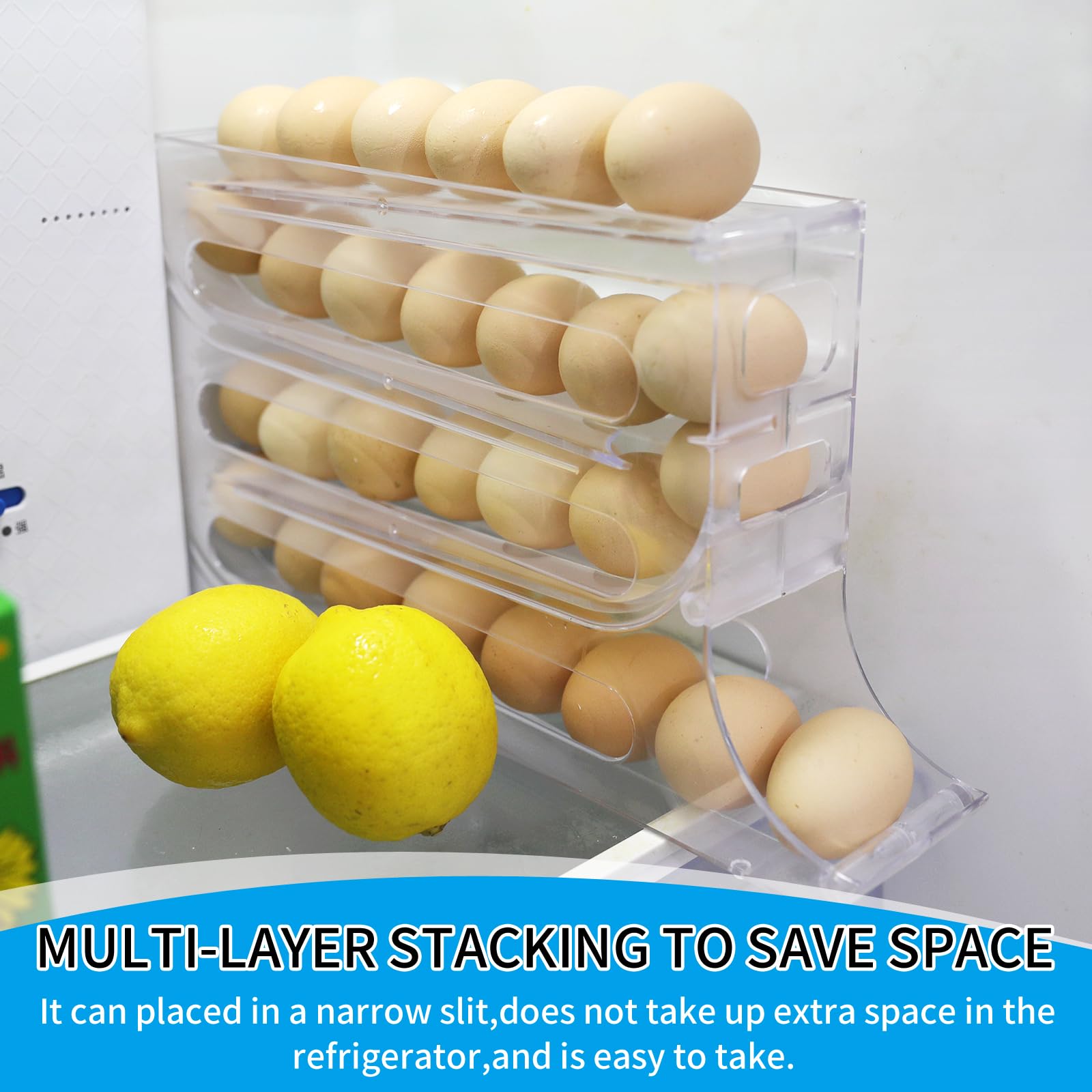 4-Tier Large Capacity Refrigerator Egg Holder - Auto Rolling Egg Dispenser, Clear Fridge Egg Organizer & Storage Rack - Perfect for Kitchen Organization, Breakfast Meal Prep & Farm Fresh Egg Storage