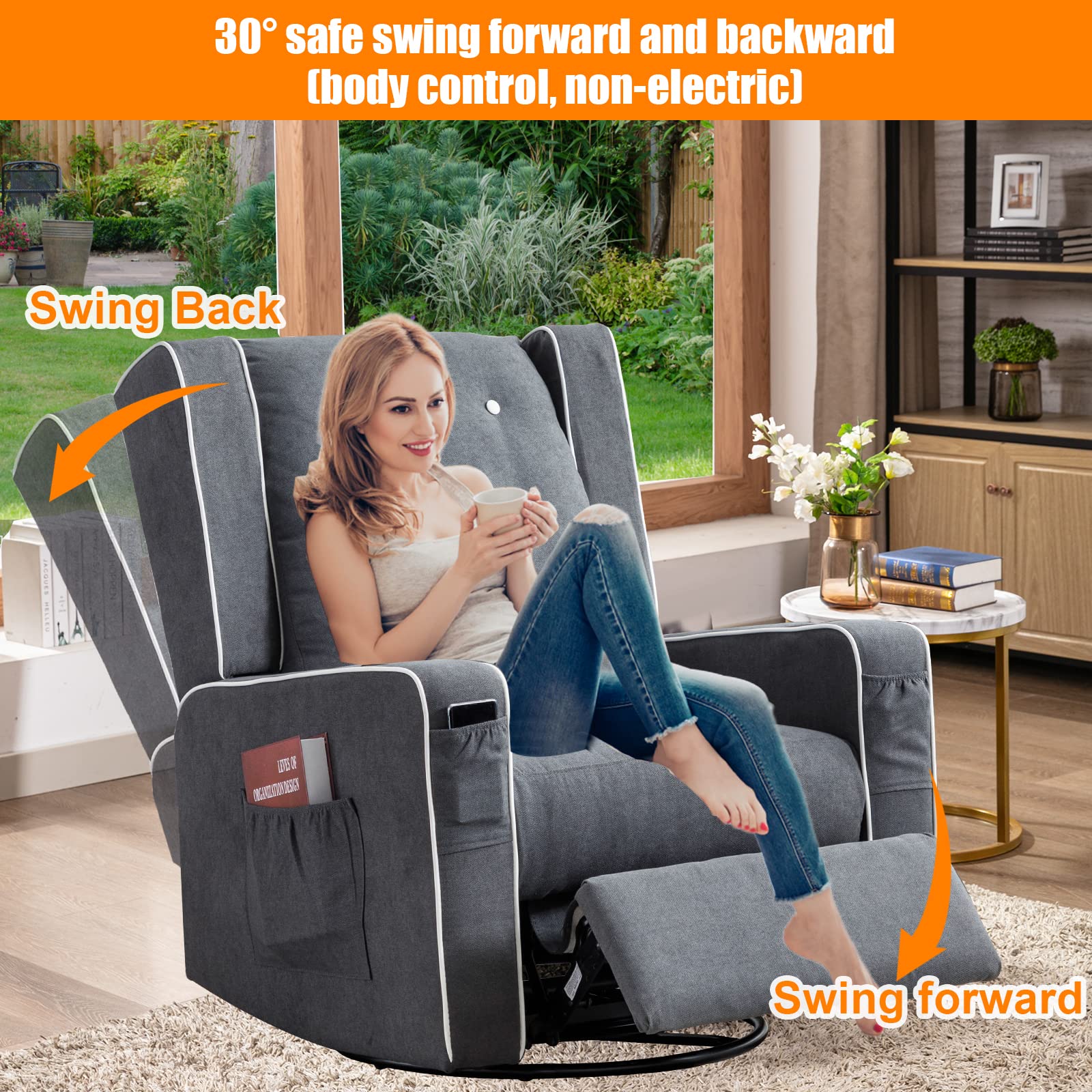 **Grey Nursery Rocking Chair - Baby Glider Rocker with Swivel & Recliner, Cup Holders & Storage Pockets - Cozy Rocking Chair for Living Room, Nursery, or Breastfeeding (1 PC)**