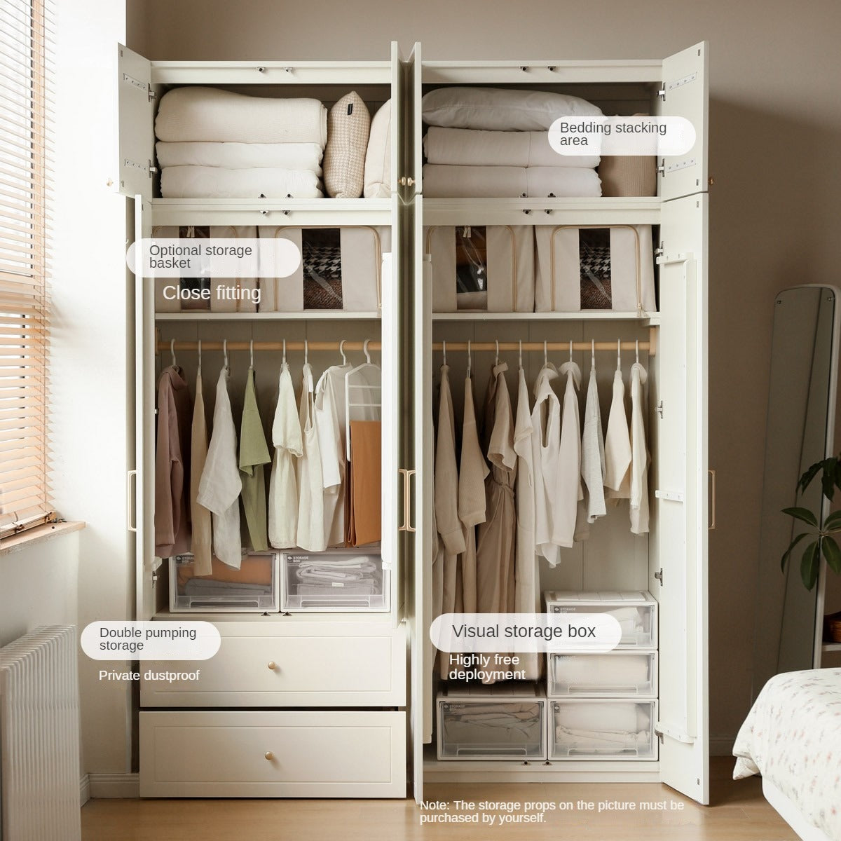 French Cream Pine Solid Wood Wardrobe - Elegant Vintage Closet for Bedroom, Living Room & Guest Room Storage