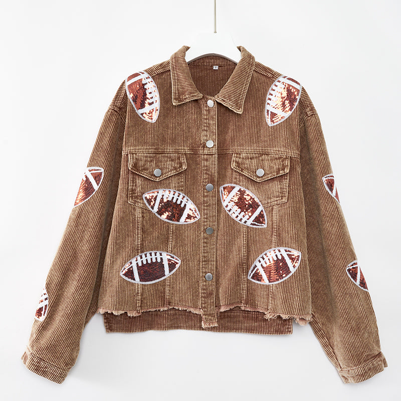 Stylish Women's Corduroy Rugby Print Baseball Jacket - Warm Autumn Winter Fashion Outerwear for Casual Wear & Outdoor Activities