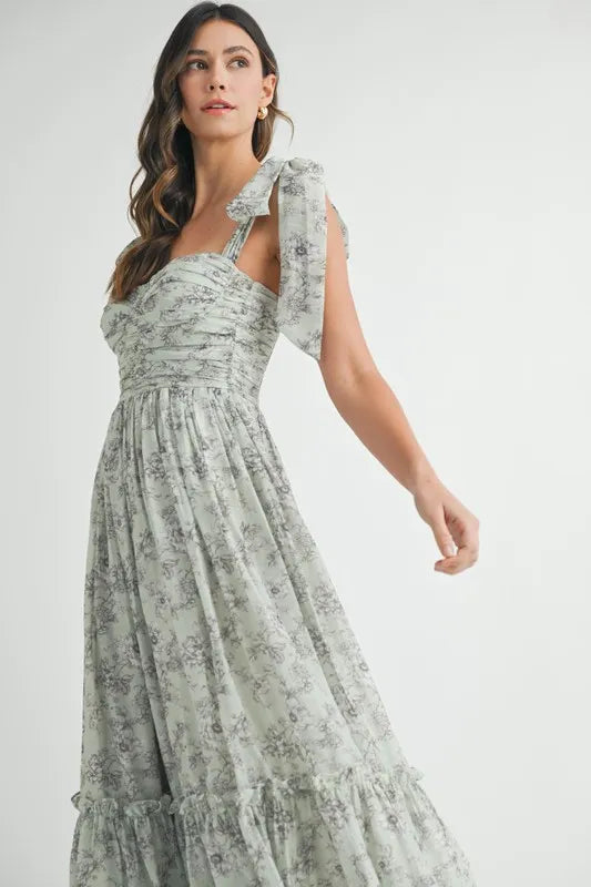 Floral Print Ruched Midi Summer Dress with Shoulder Tie - Women's Elegant Party & Beach Vacation Outfit