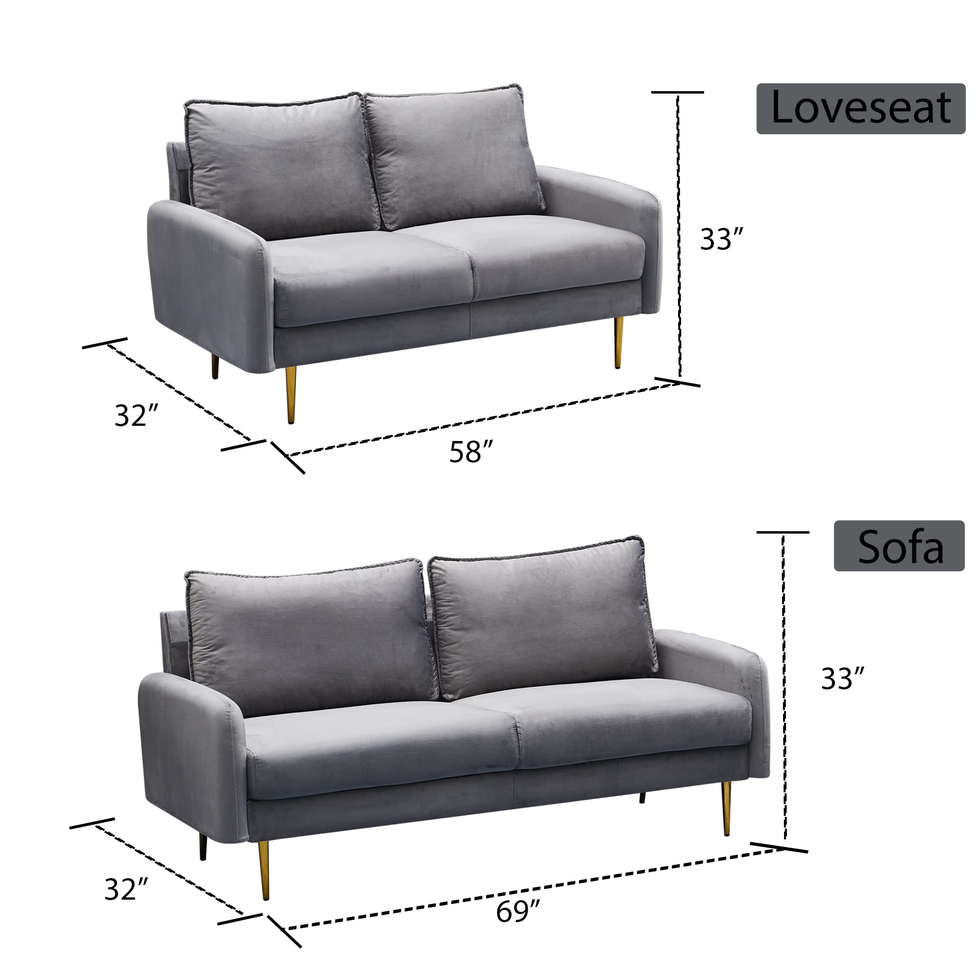 Luxury Velvet Sofa - Modern Tufted Loveseat with Sturdy Metal Legs for Living Room, Bedroom, Office | Soft Grey Contemporary Couch for Small Spaces & Cozy Home Decor