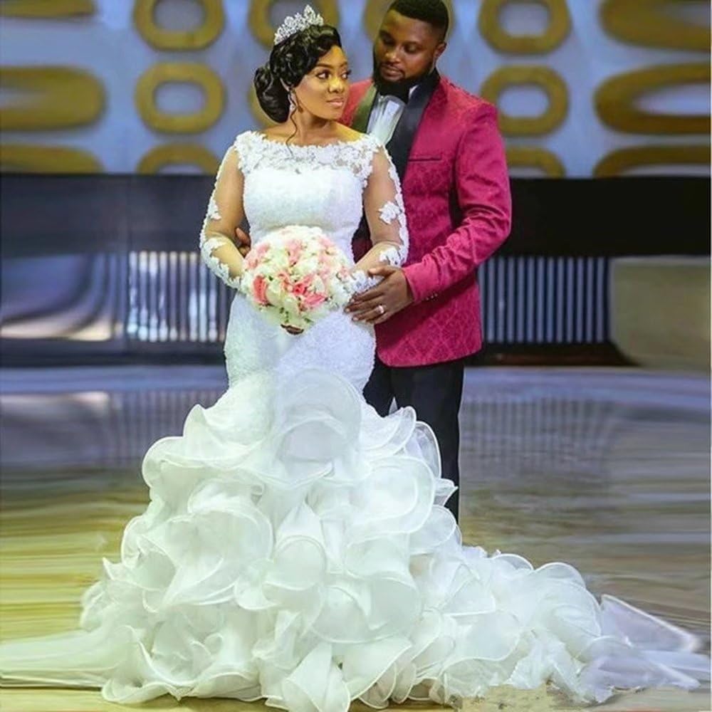 Elegant Long Sleeve Mermaid Wedding Dress with Beaded Lace & Ruffled Train - African Inspired Bridal Gown for Bride | Perfect for Beach Weddings, Church Ceremonies, and Formal Evening Receptions