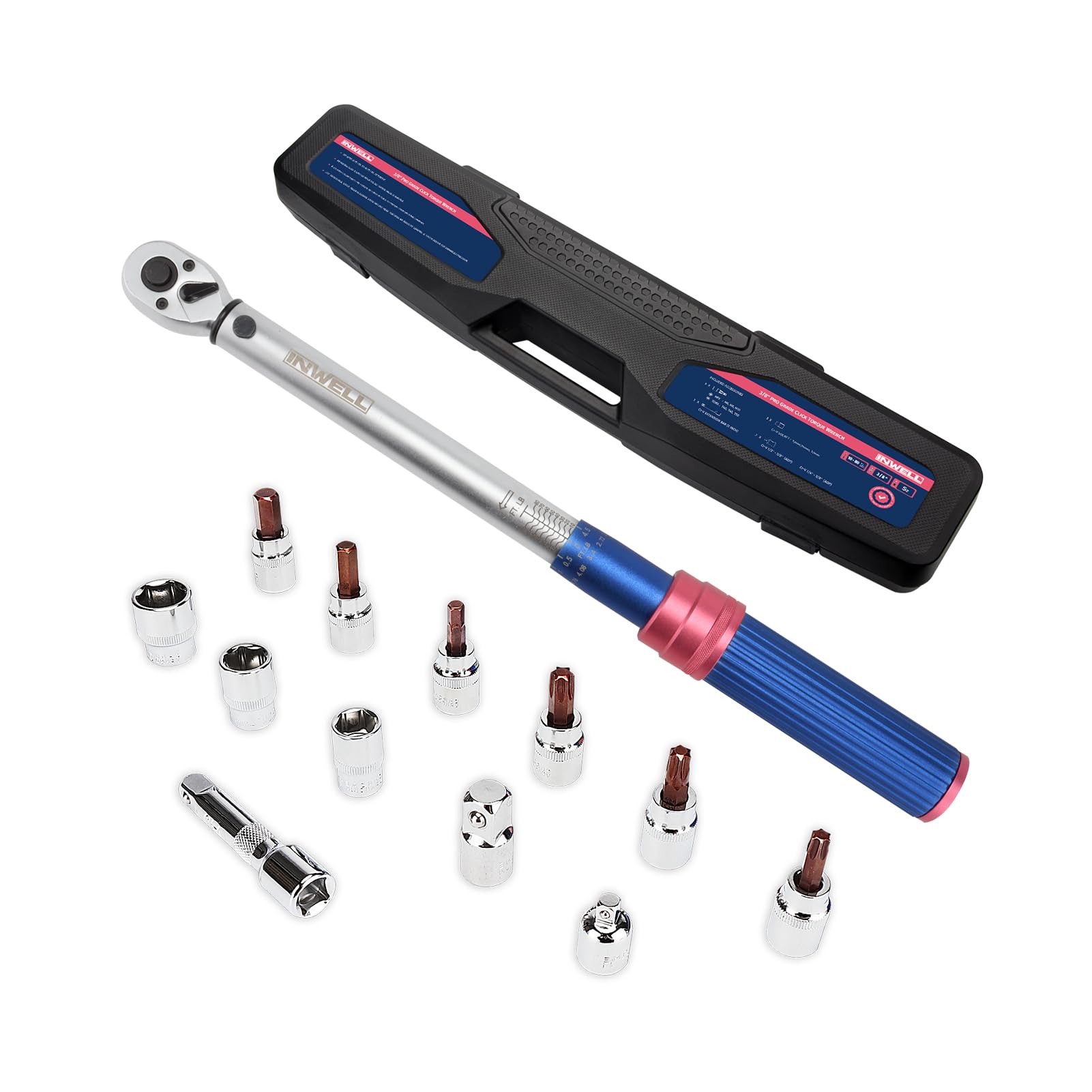3/8 Inch Drive Click Torque Wrench Set - 13 Piece Dual-Direction Adjustable Torque Wrench (10-80 Ft-Lb / 13.6-108.5 Nm) with 72-Tooth Gear - Perfect for Bicycle, Motorcycle, Car & DIY Automotive Maintenance