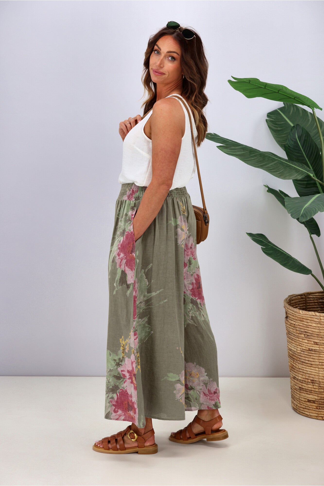 Cali & Co Women's Wide Leg Linen Pants with Floral Print - Khaki Color for Summer Beach Vacation and Boho Chic Outfits