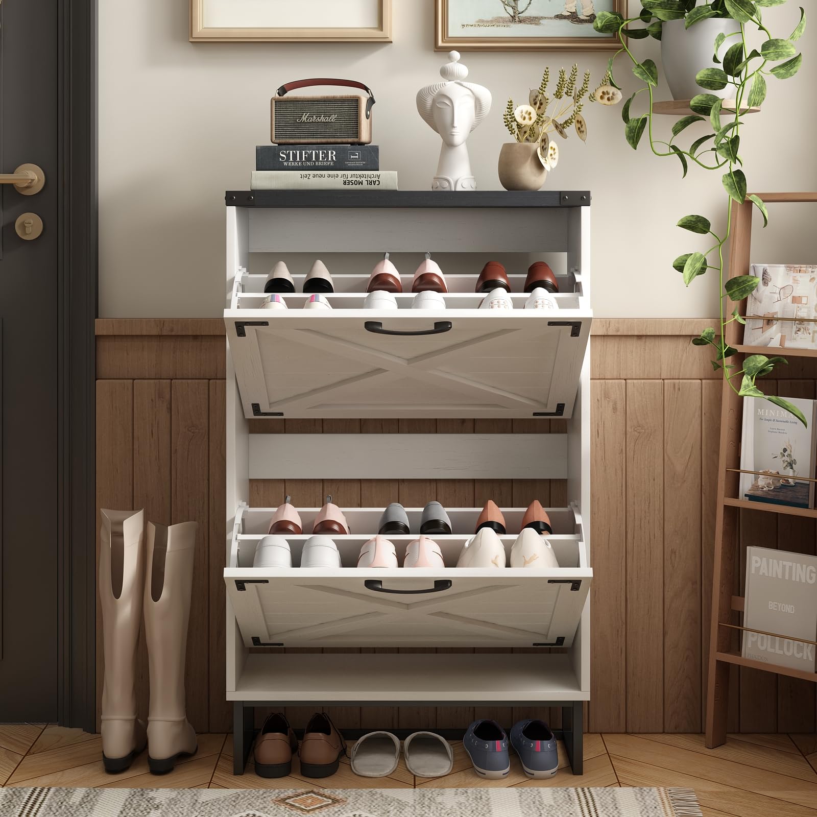 Maupvit 24 Inch Wide White Farmhouse Style Shoe Storage Cabinet - Freestanding Entryway Organizer with 2 Flip-Up Drawers, Narrow Shoe Rack with Decorative Metal Corners - Perfect for Small Spaces, Hallways and Closet Organization