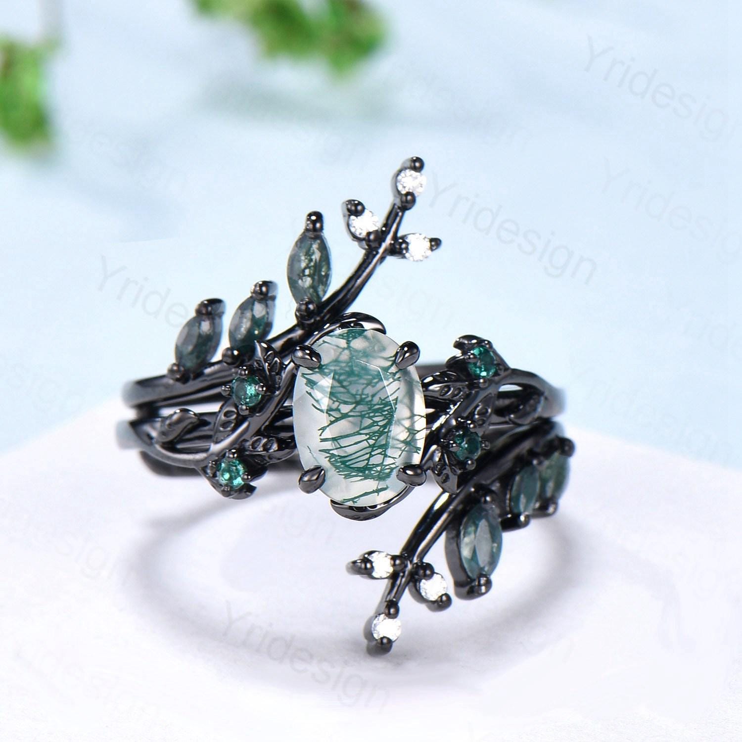 Unique Black Gold Gothic Moss Agate Ring Set - Oval Green Marquise Cut with Leaf Vine Design for Engagement, Bridal & Wedding Jewelry - Perfect for Nature-Inspired Boho, Vintage & Gothic Fashion Lovers
