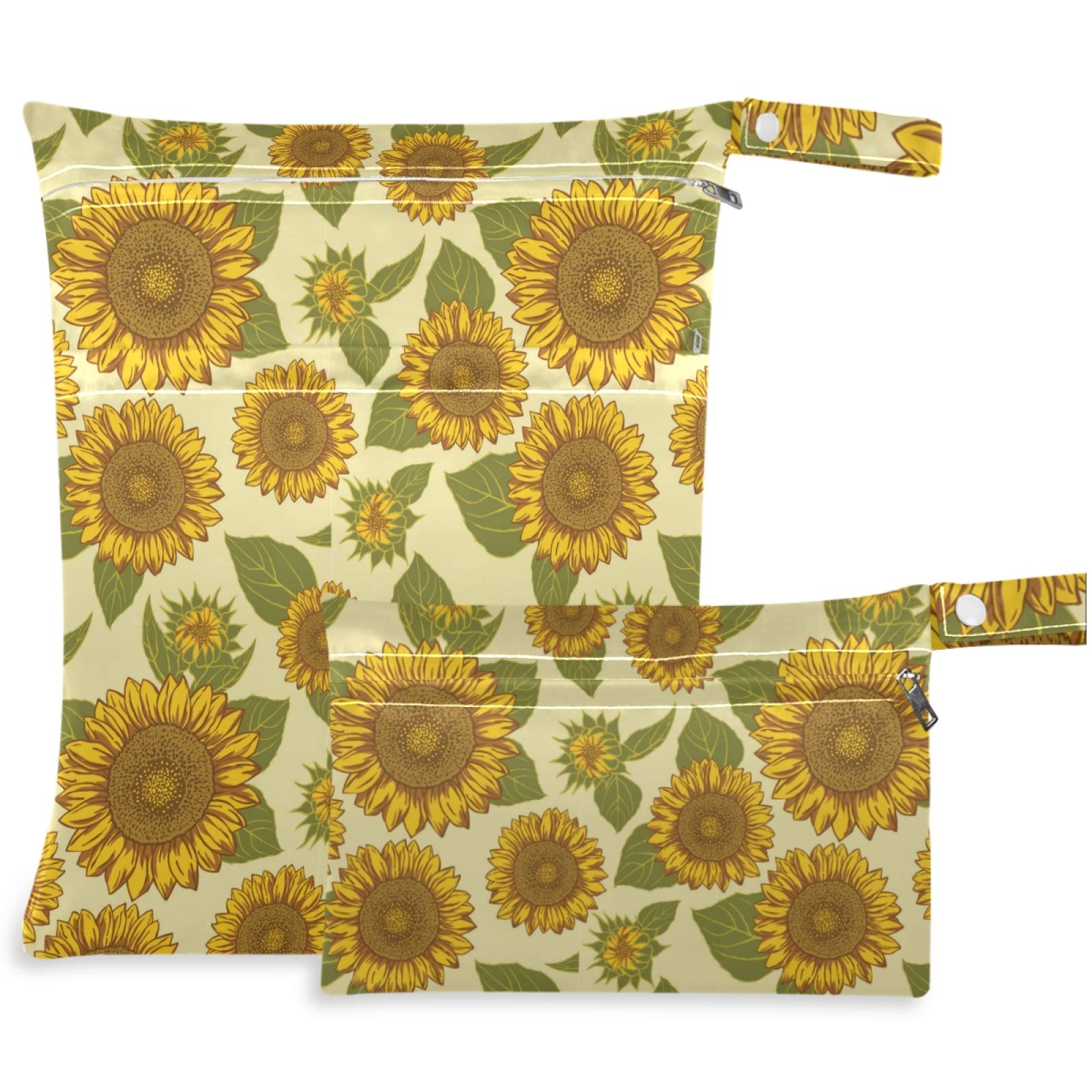 2-Pack Sunflower with Leaf Wet Bags - Waterproof Reusable Zippered Pockets for Travel, Beach, Pool & Gym | Perfect for Diapers, Swimsuits, Toiletries & Dirty Clothes (Daycare, Stroller & Sports Use)