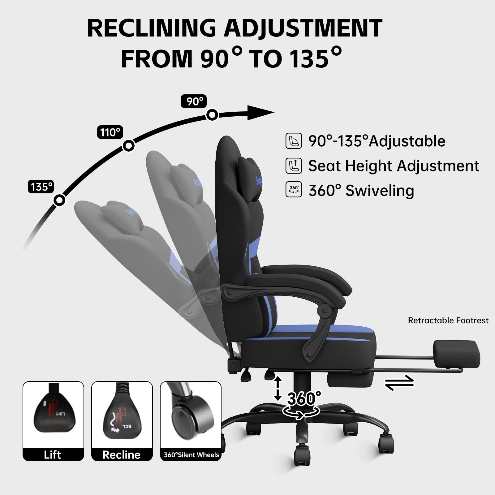 HapGIFT Ergonomic Gaming Chair for Adults - High Back Computer Chair with Massage Lumbar Support & Headrest - Breathable Technical Fabric Office Chair with Wide Seat Cushion & Footrest - Supports 300LBS (Black-Blue) - Perfect for PC Gaming, Home Office & Esports Tournaments
