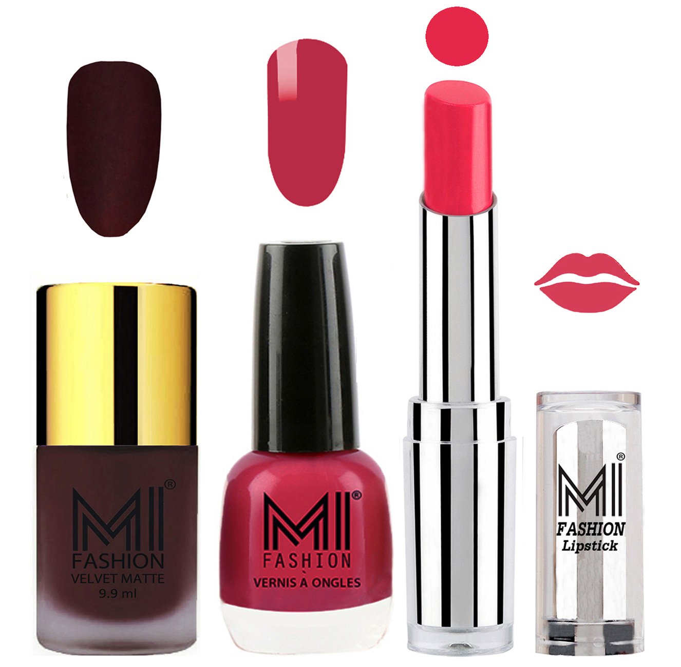 MI Fashion Long-Lasting Matte Magenta Nail Polish & Golden Shine Nail Polish with Matching Magenta Lipstick Set (3-Piece) - Perfect for Parties, Weddings & Everyday Glam Makeup